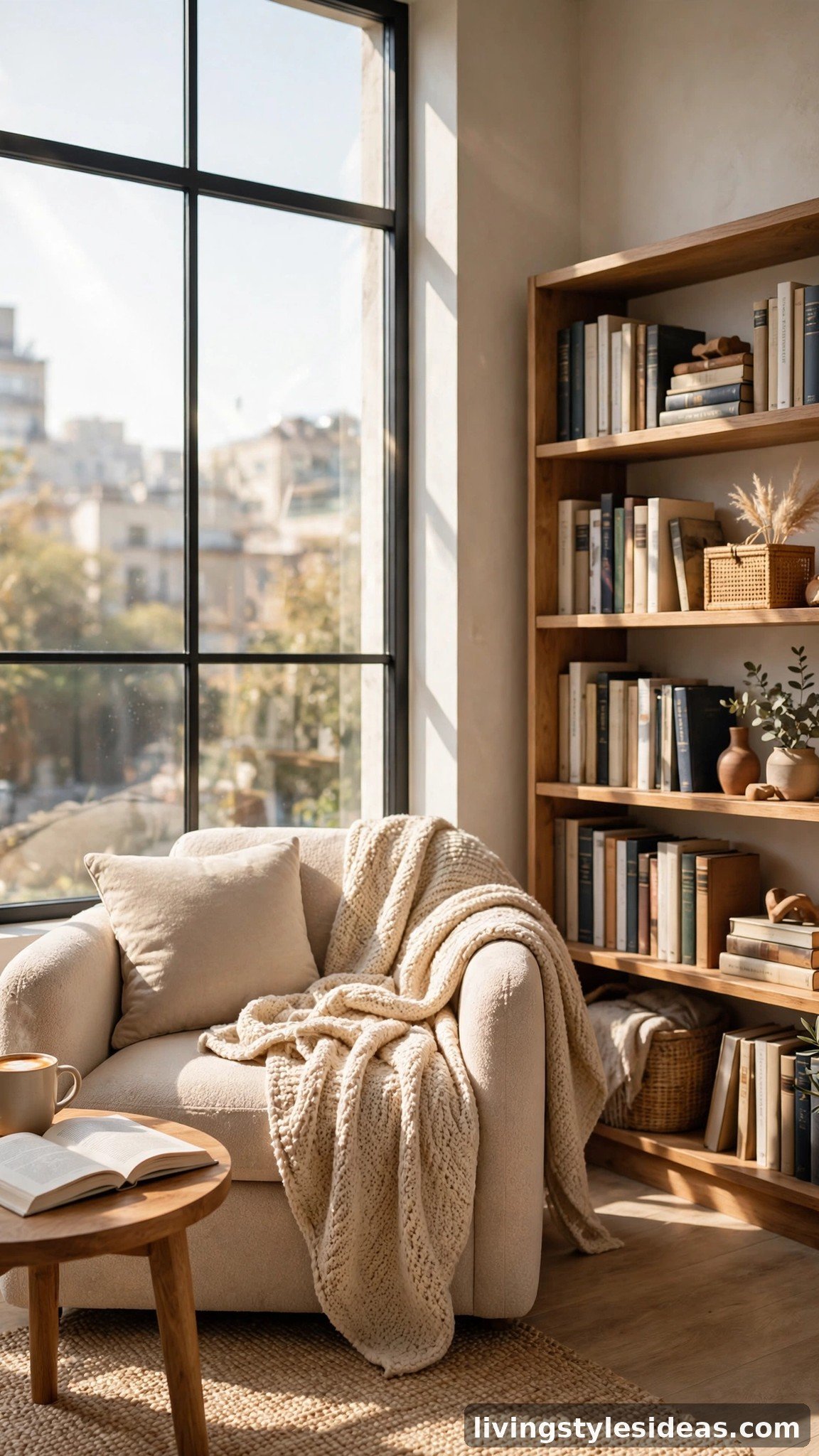 Cozy reading corner with an armchair by a large window in a modern studio
