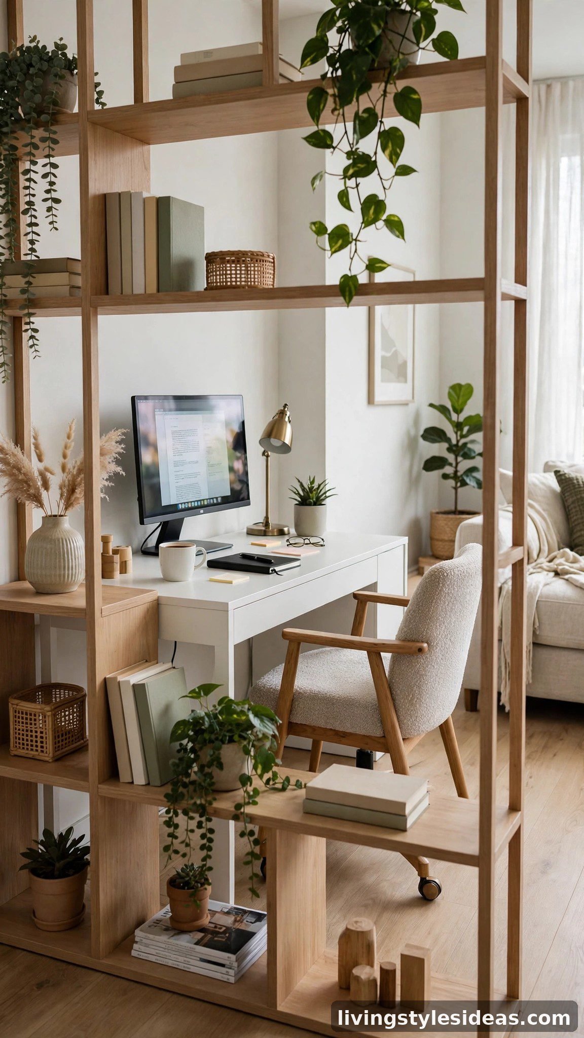 Compact home office tucked behind a low open shelving divider in a modern studio