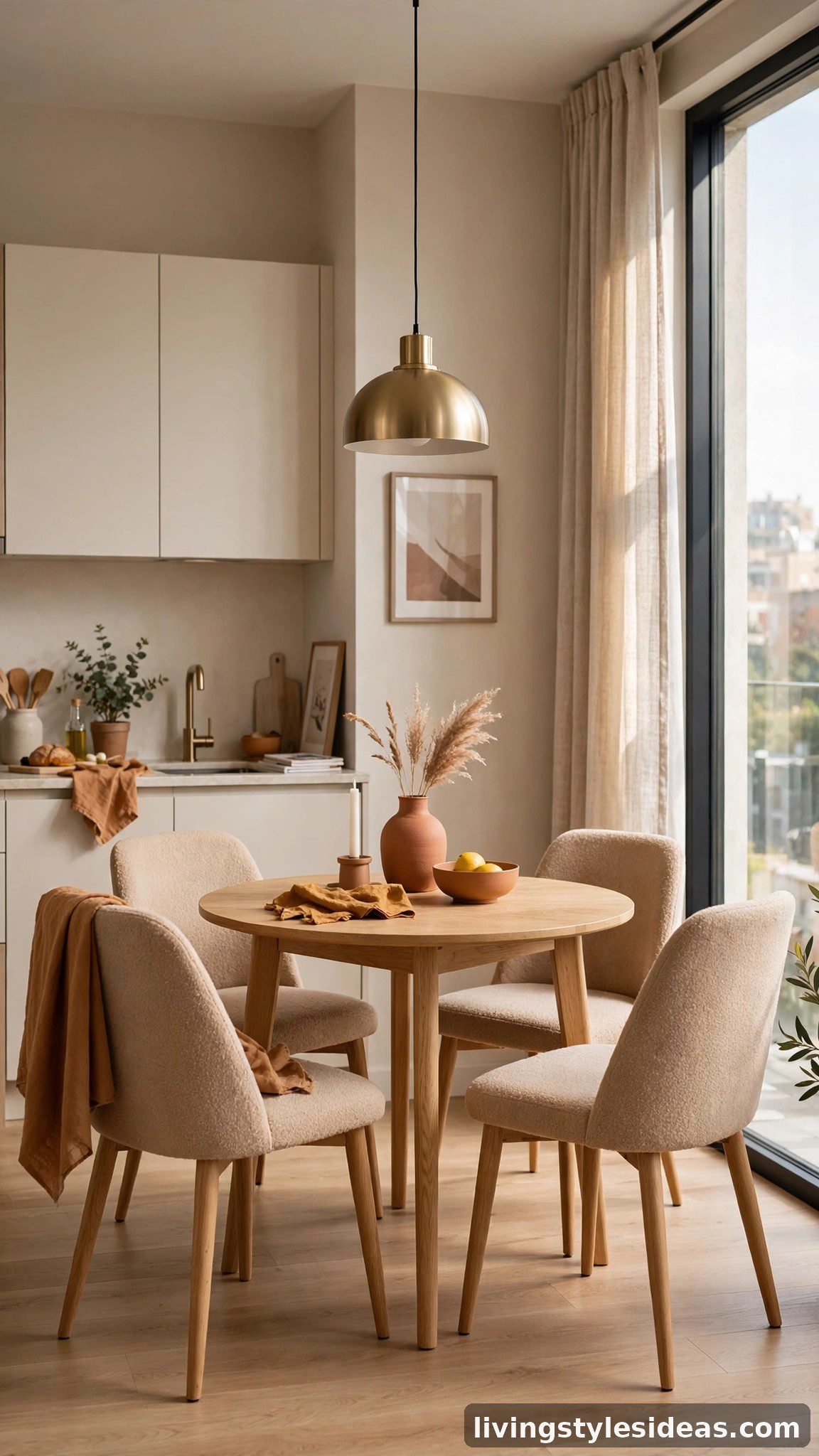 Small round dining table with chairs near the kitchen in a modern studio apartment