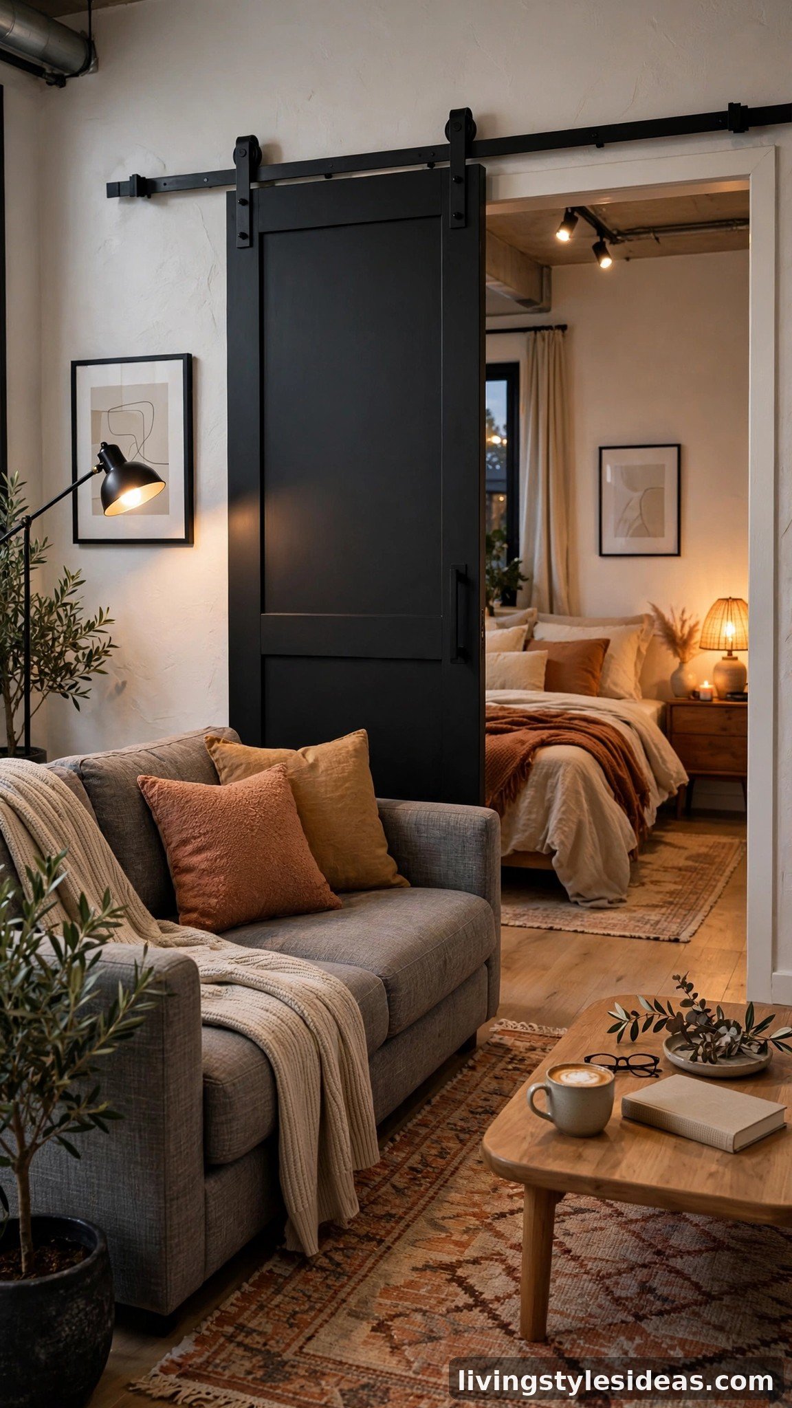 Sliding barn door separating the bedroom from the living area in a modern studio