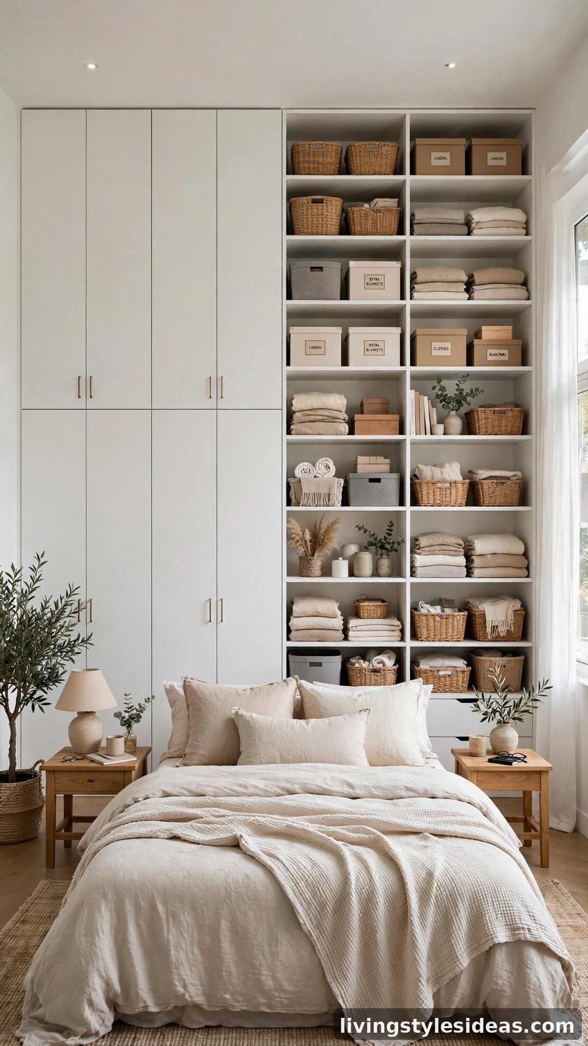 Floor-to-ceiling storage wall organizing a modern studio apartment