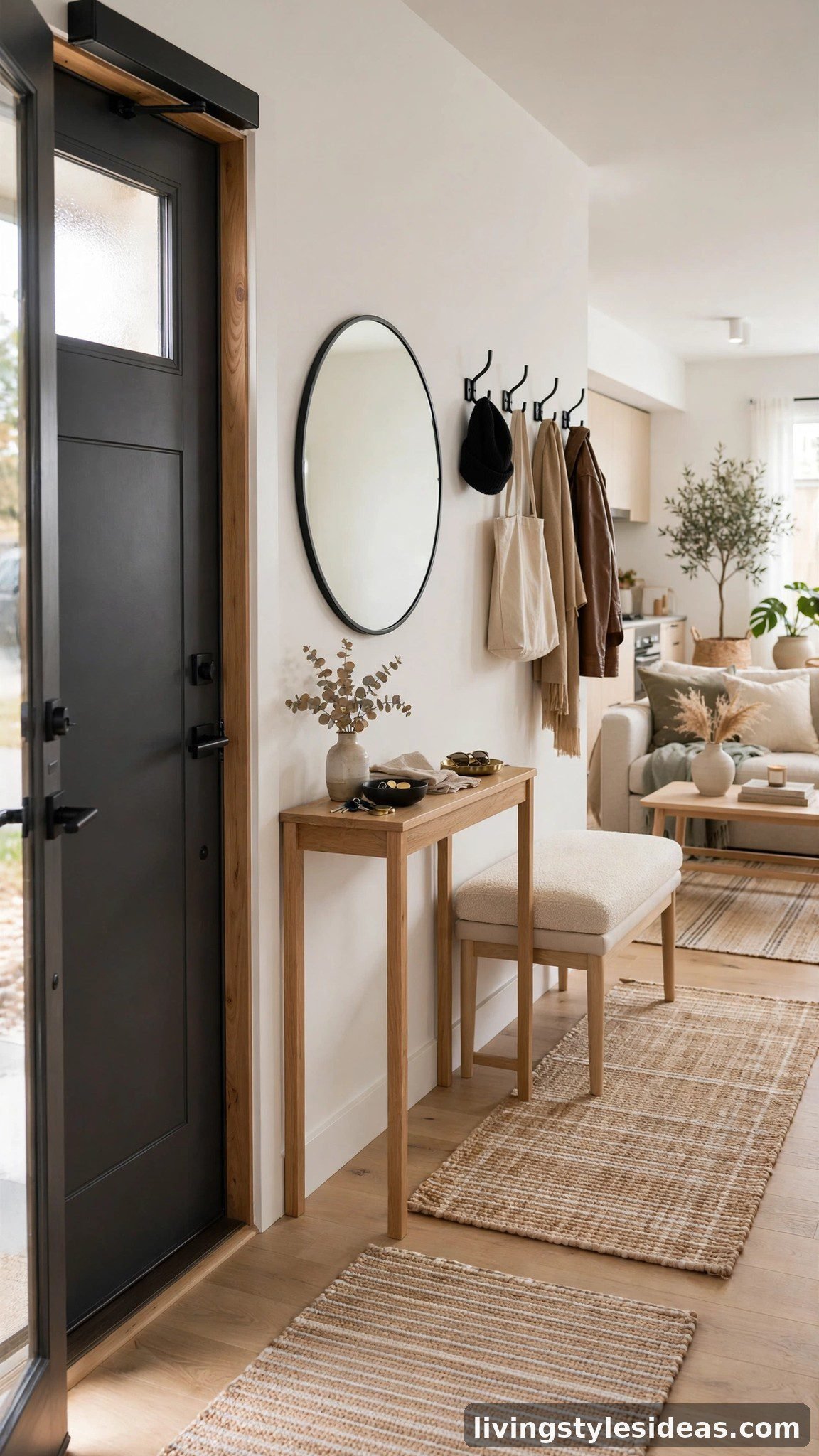 Slim console table and hooks defining an entryway in a modern studio apartment