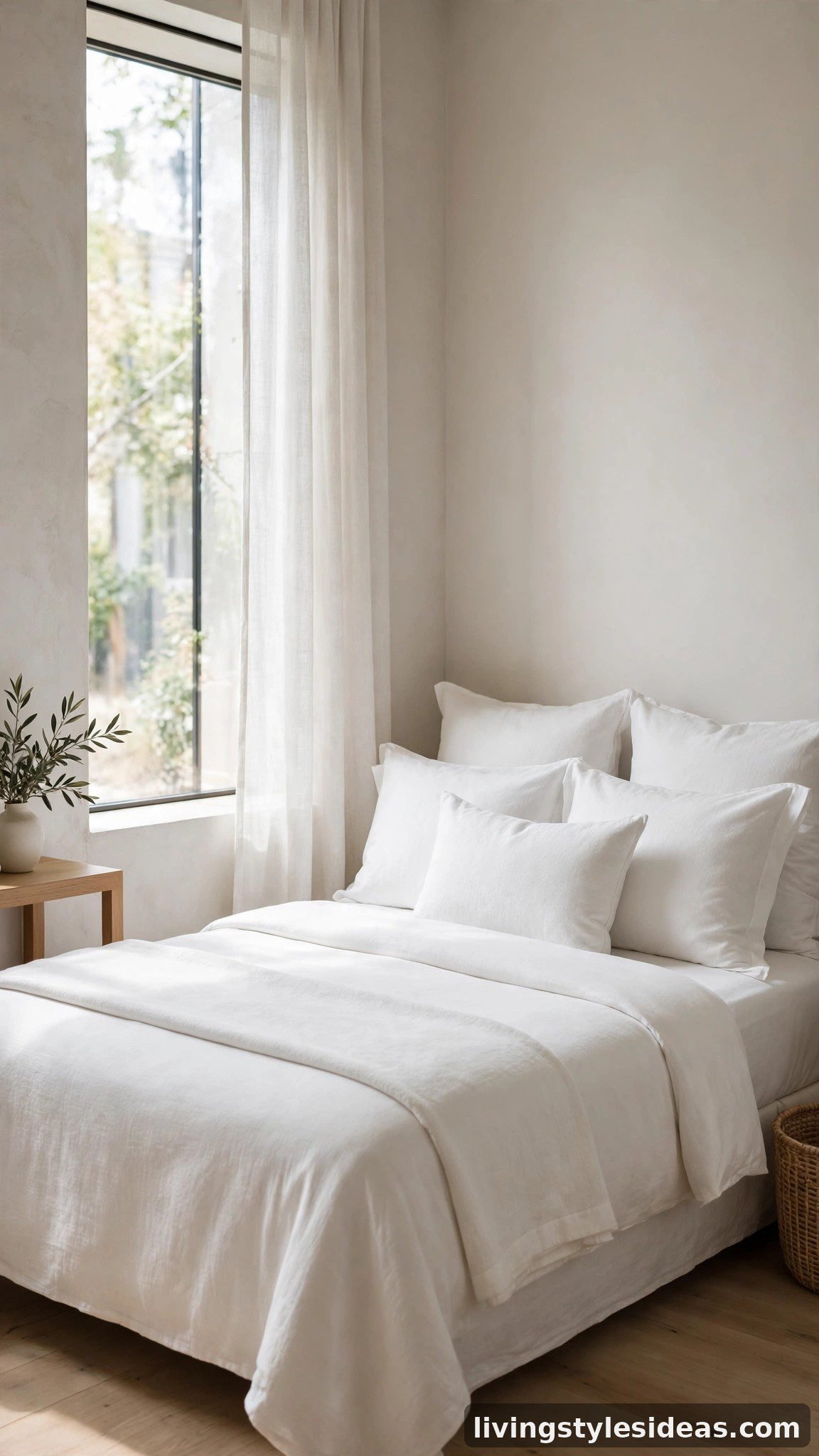 Crisp white monochrome bedding on a neatly styled bed in a clean studio