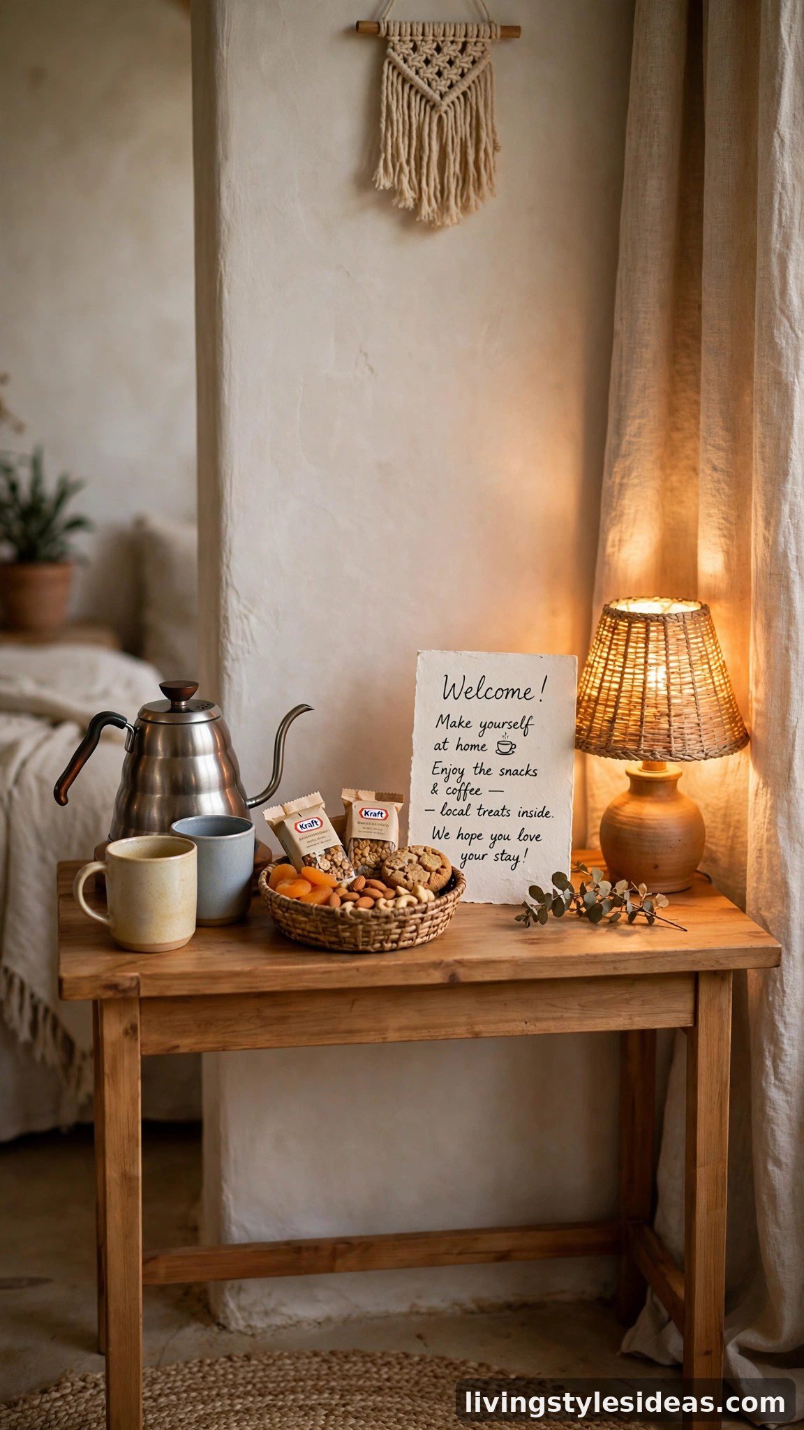 Welcome station with coffee setup and snacks in a one-room Airbnb