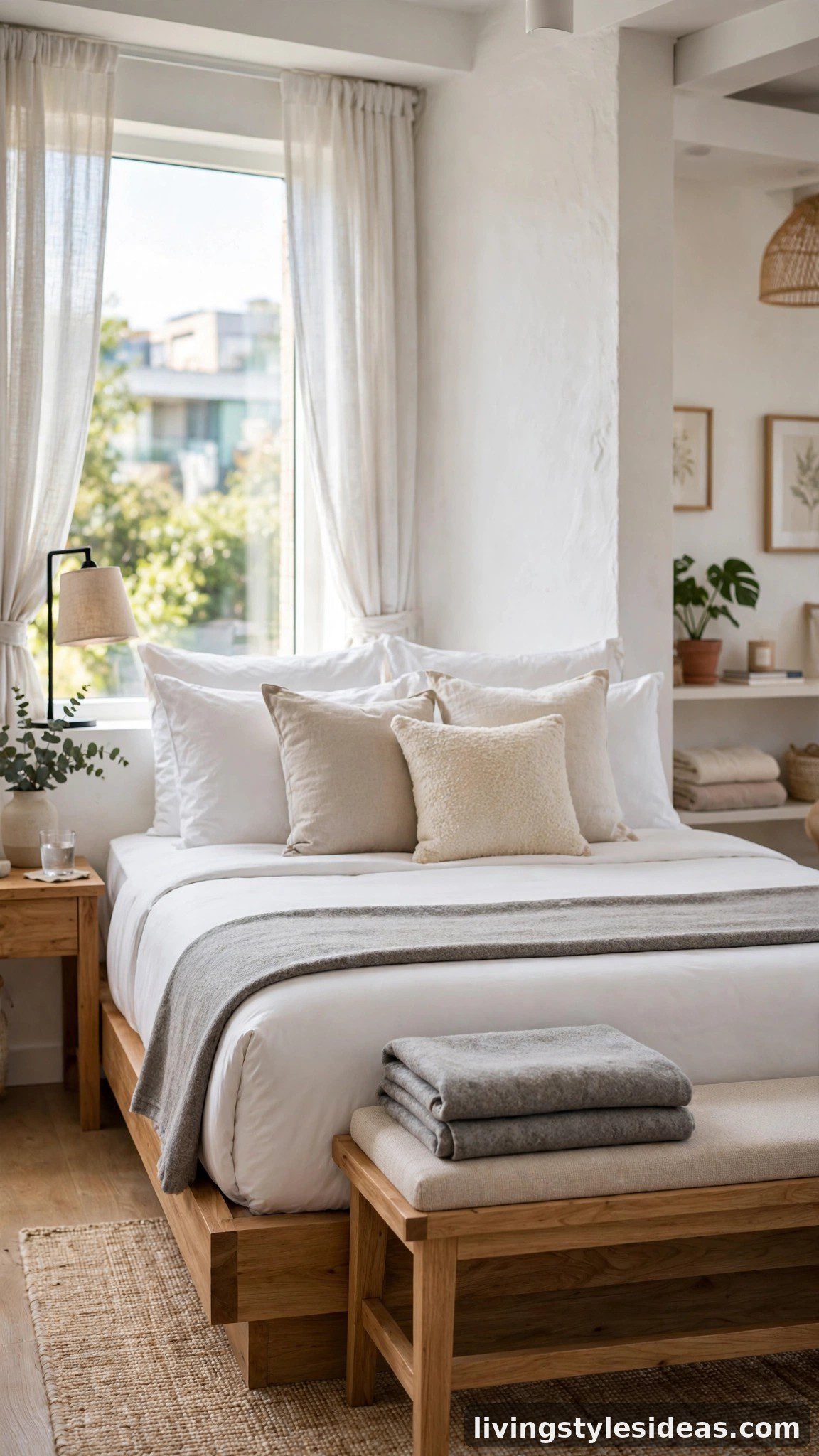 Hotel-style bed with crisp white linens and layered pillows in a studio Airbnb