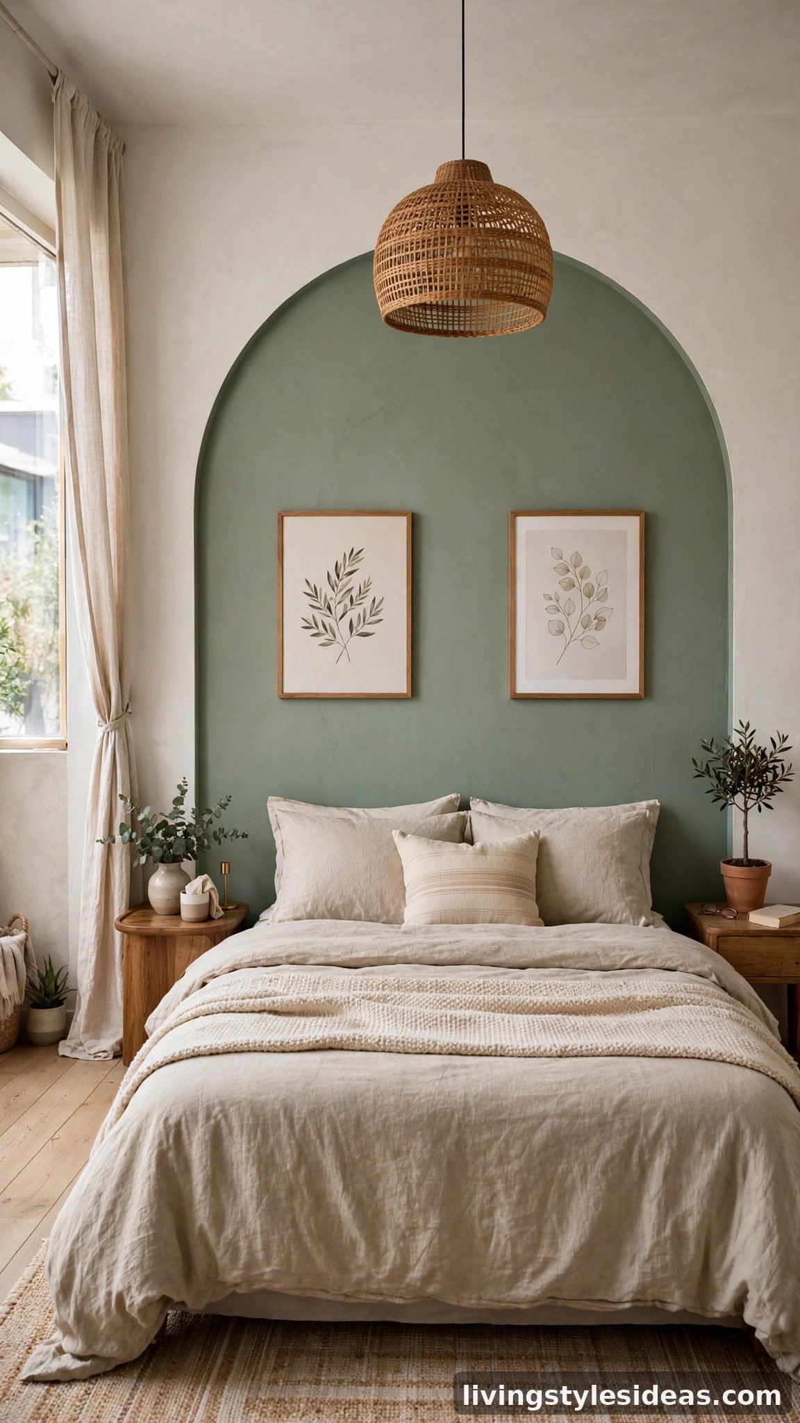 Sage green arch accent wall behind the bed in a one-room Airbnb