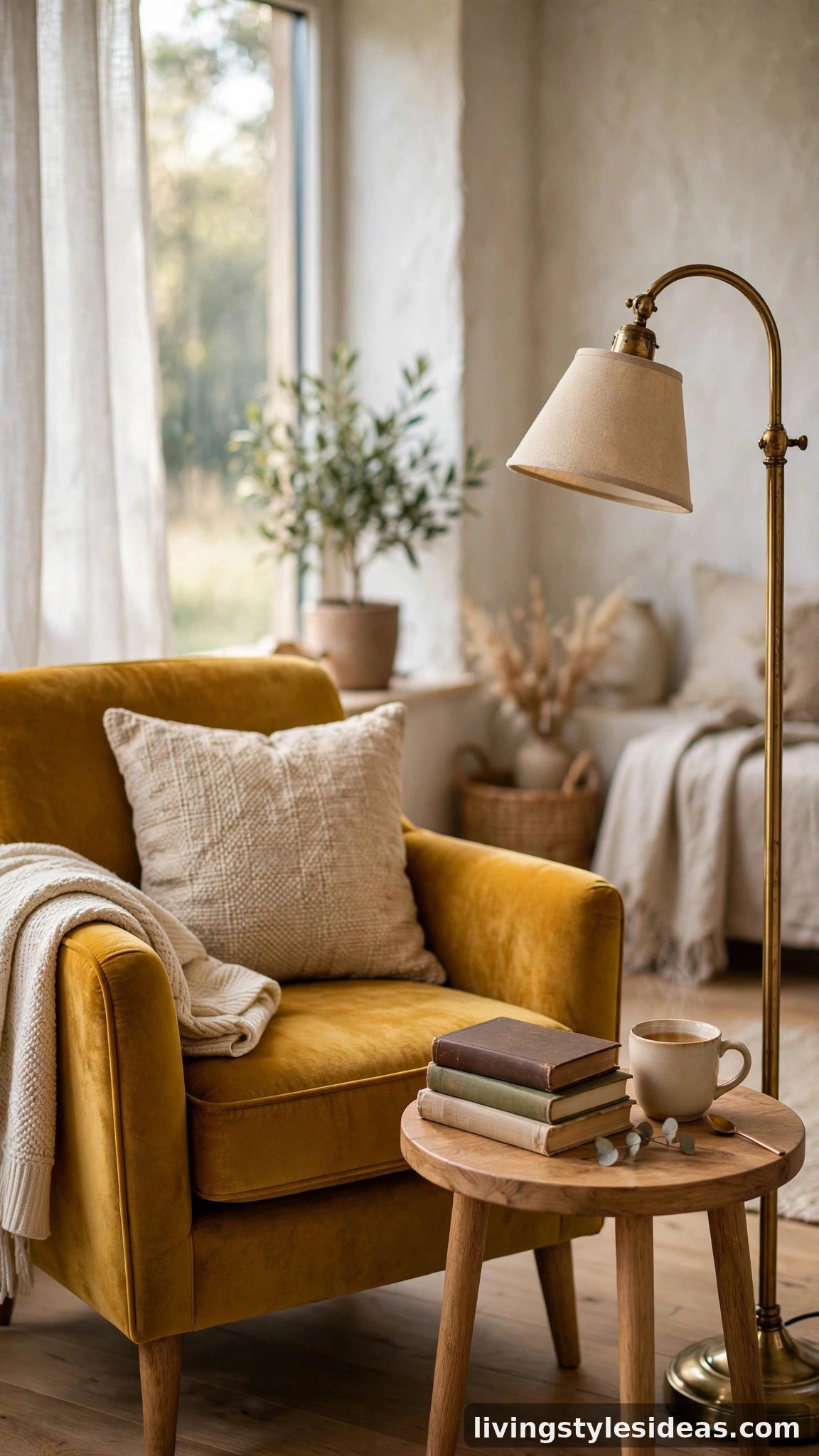 Cozy reading nook with velvet armchair and floor lamp in an Airbnb studio