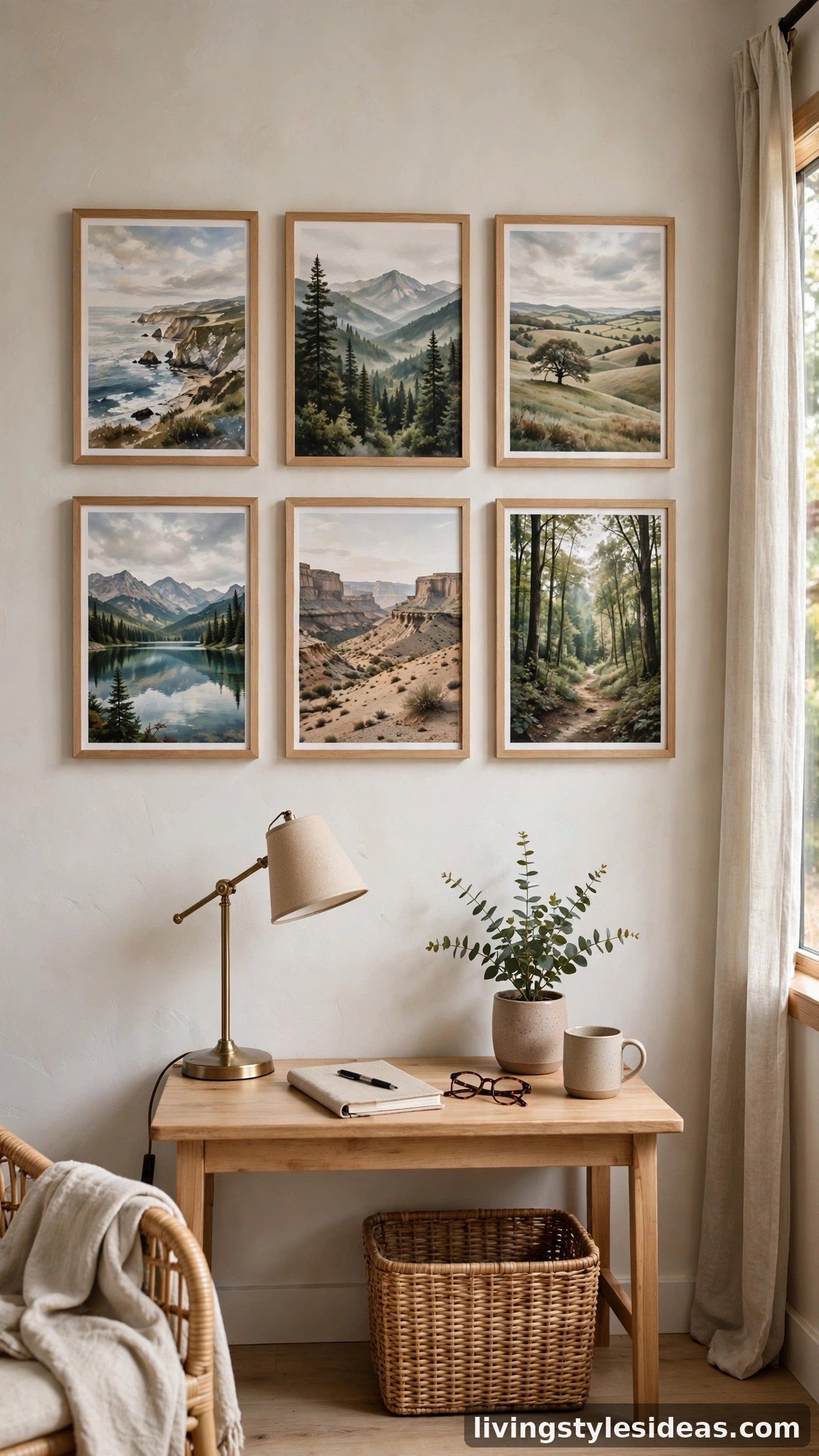 Gallery wall of framed local art prints above a desk in a one-room Airbnb
