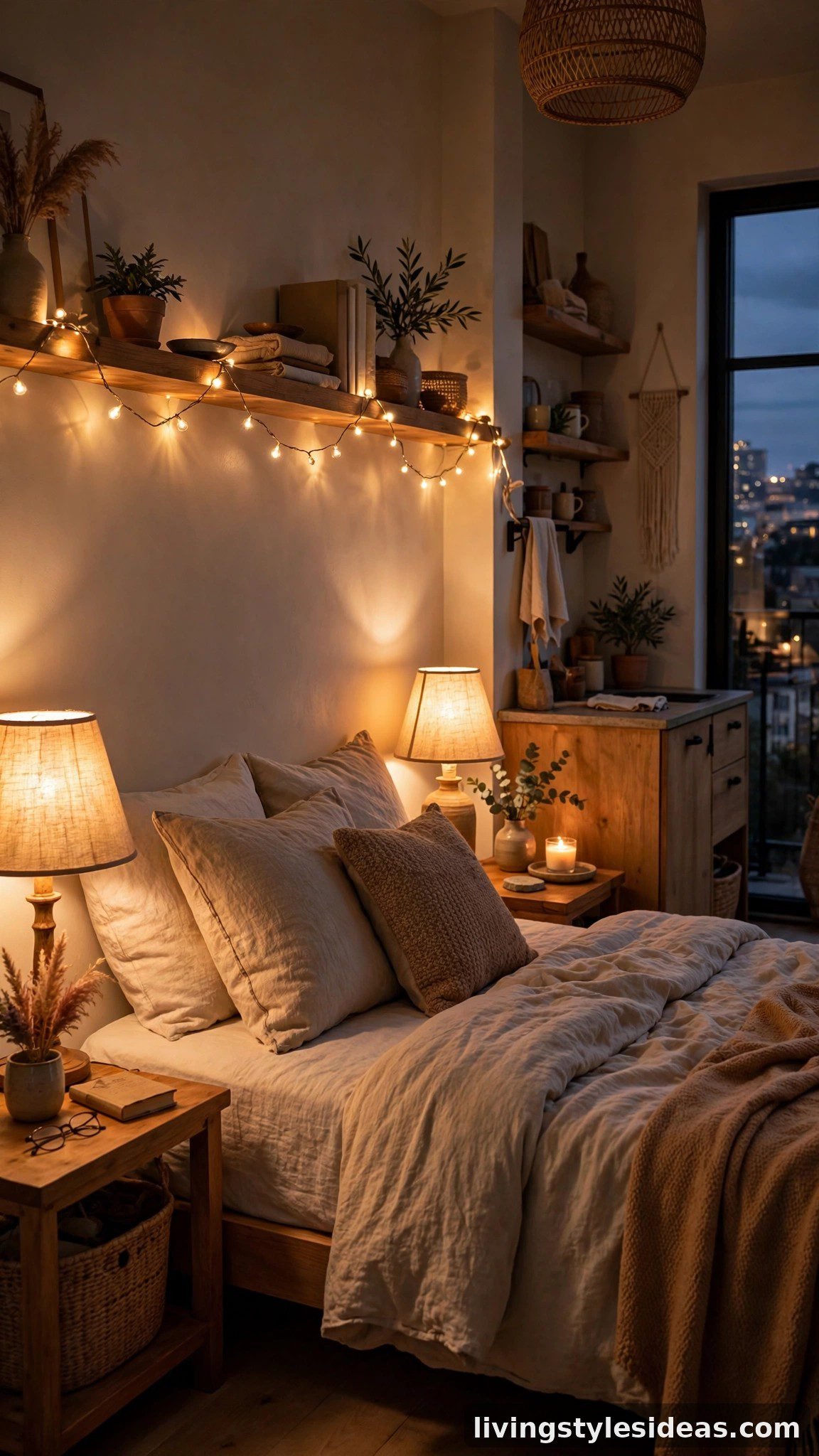 Warm layered lighting glowing in an Airbnb studio apartment at dusk