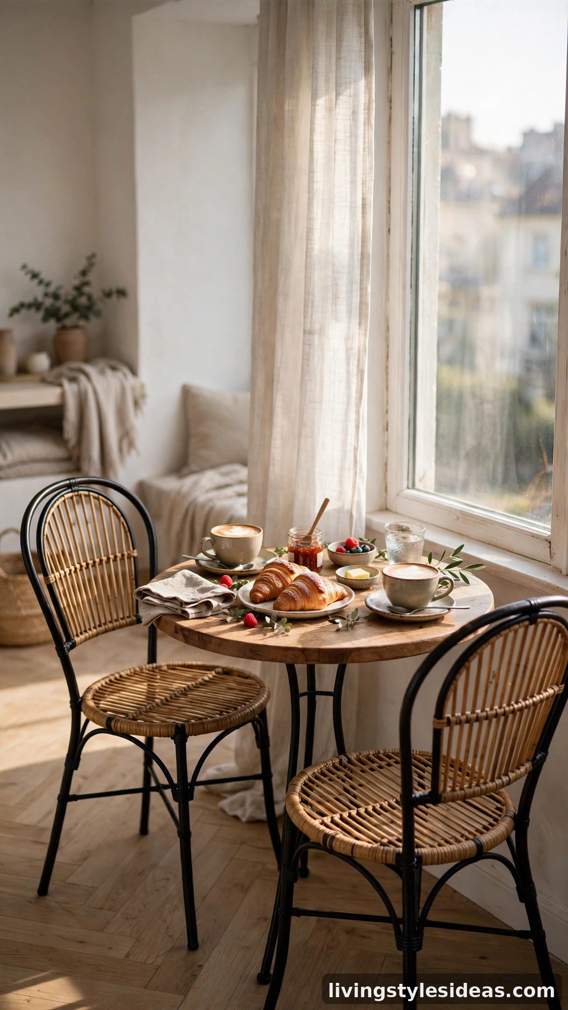 Small round cafe table with bistro chairs by the window in a studio Airbnb