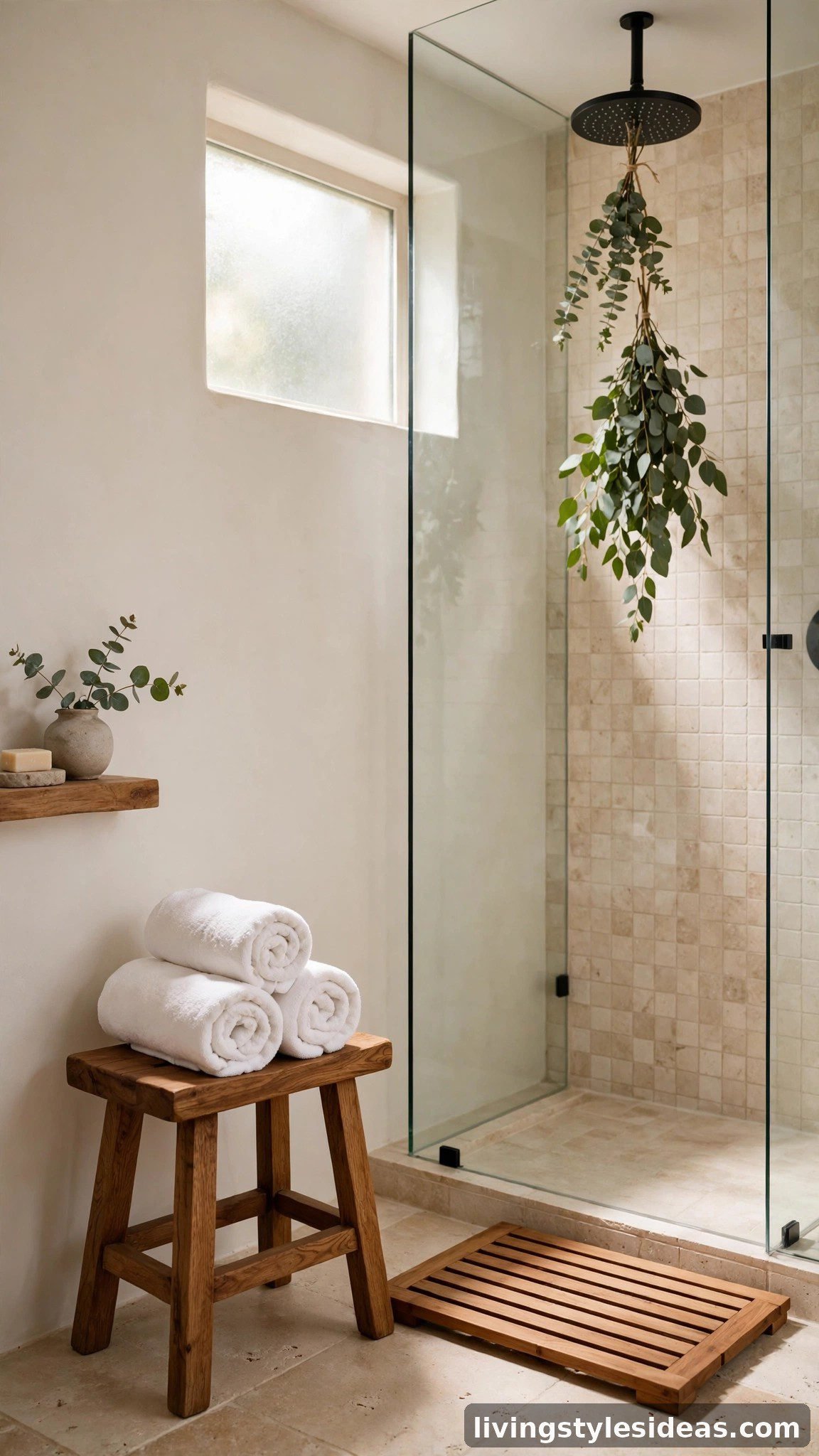 Spa-like bathroom with rolled white towels and eucalyptus in an Airbnb