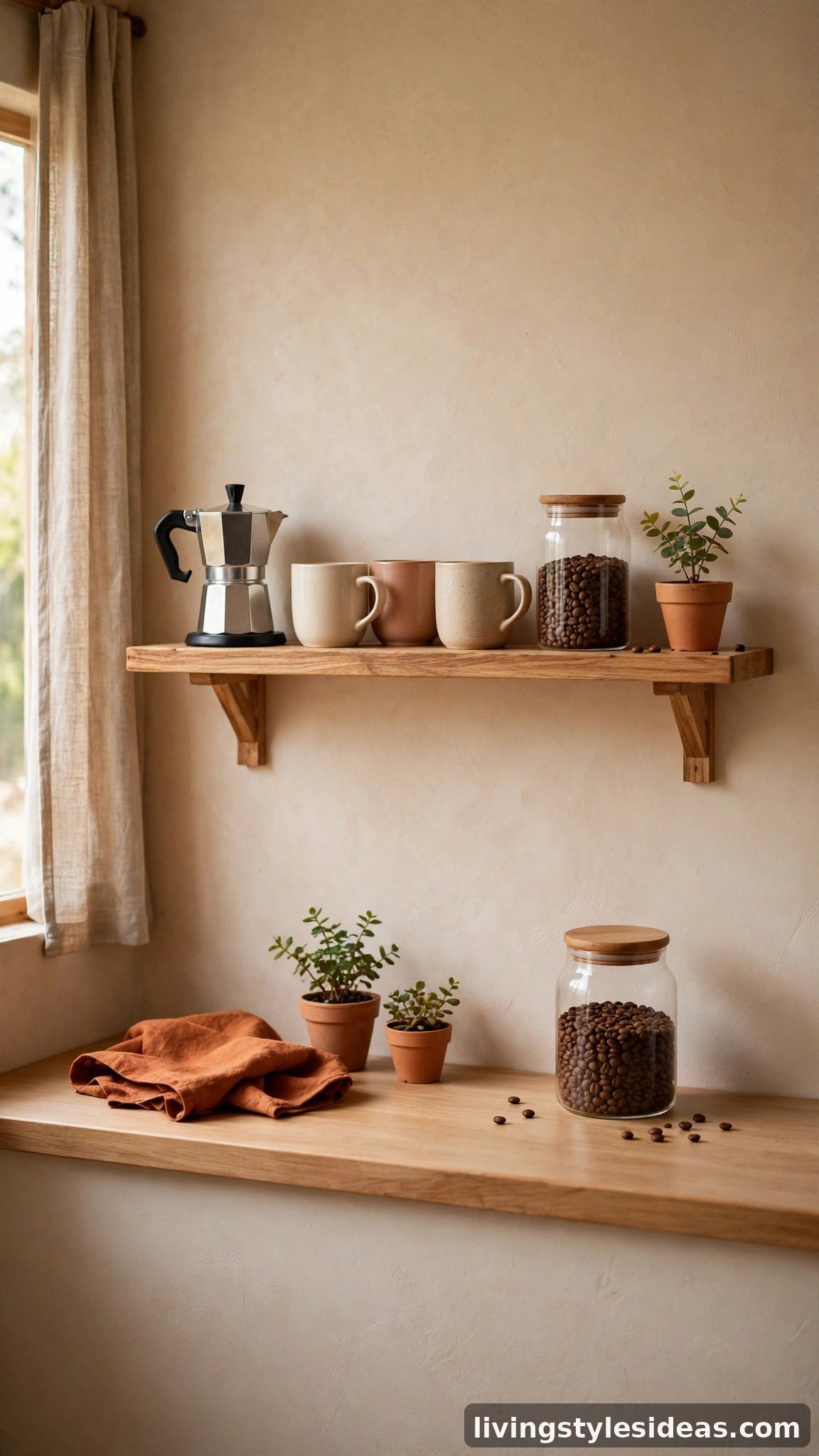 Mini coffee corner with espresso maker and ceramic mugs in a studio Airbnb