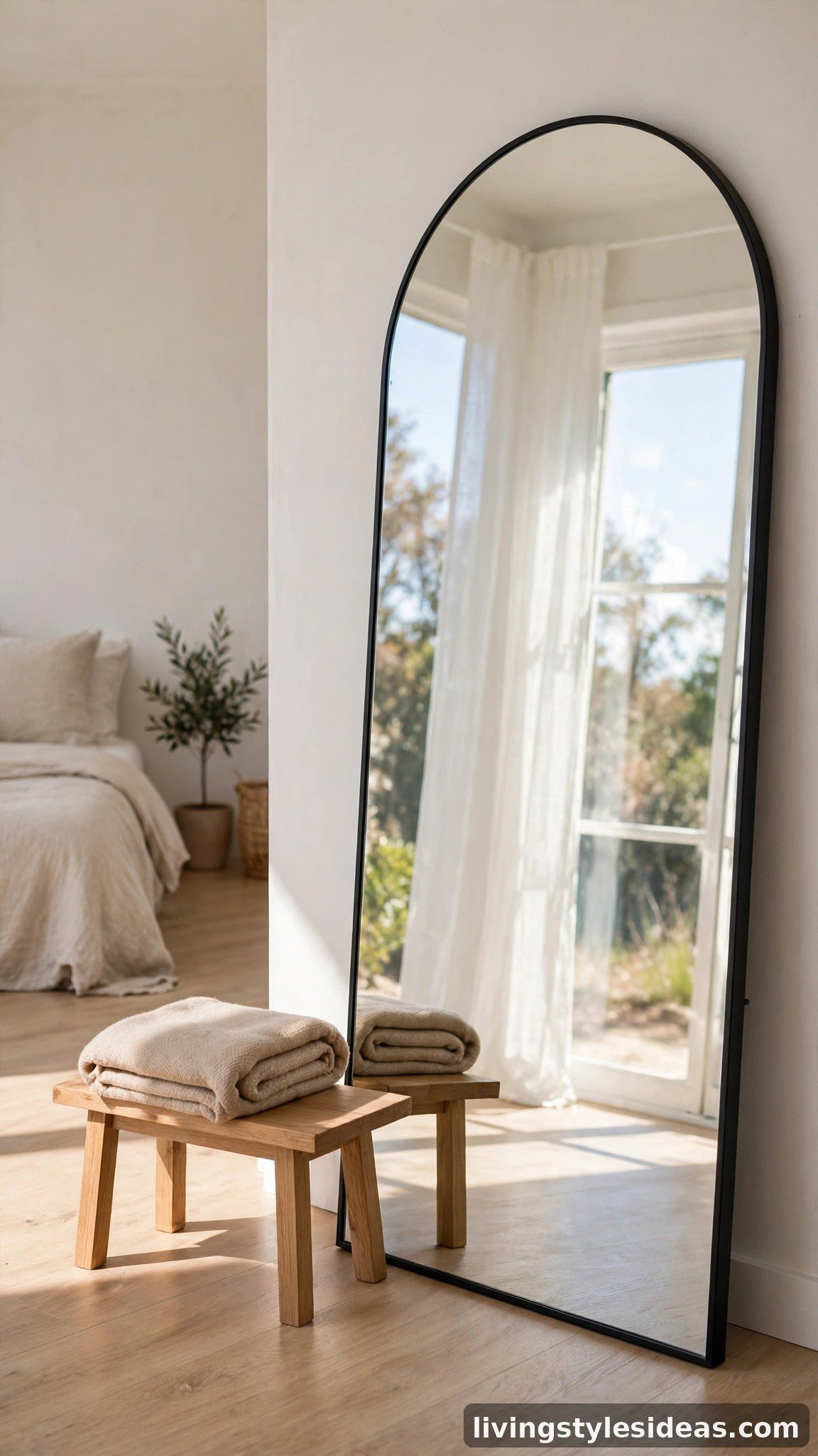 Large arched floor mirror reflecting window light in an Airbnb studio