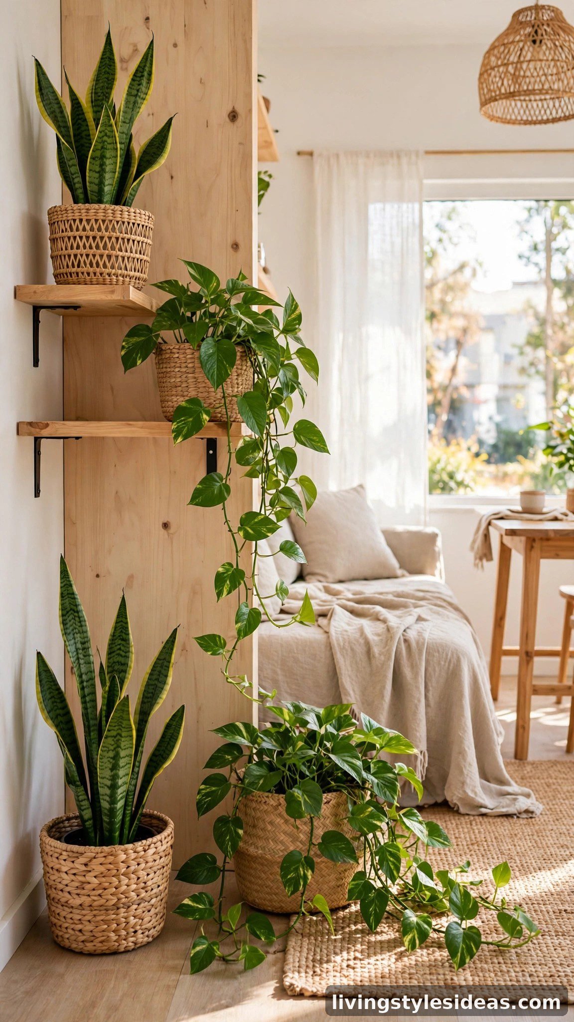 Low-maintenance houseplants styled on shelves in a bright studio Airbnb