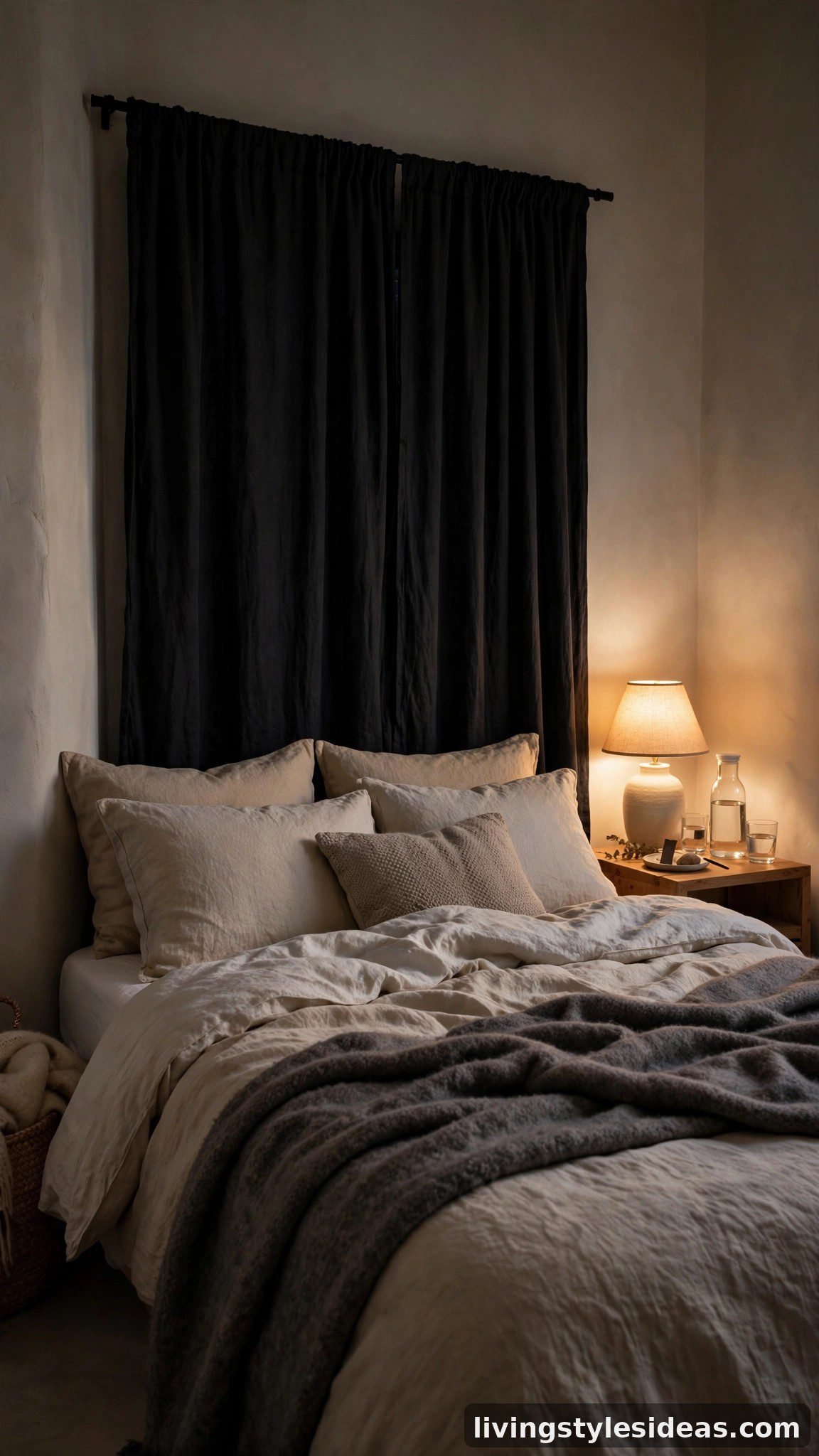 Sleep zone with blackout curtains and cozy bedding in a studio Airbnb