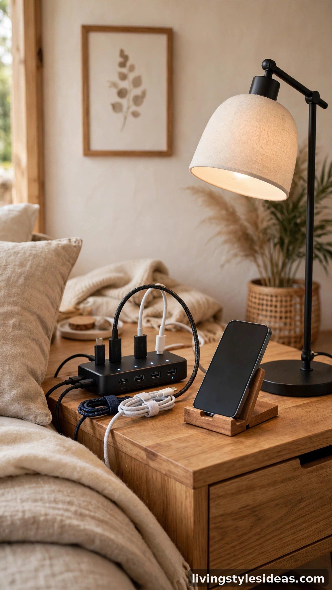Bedside charging station with multi-port charger in a stylish Airbnb studio