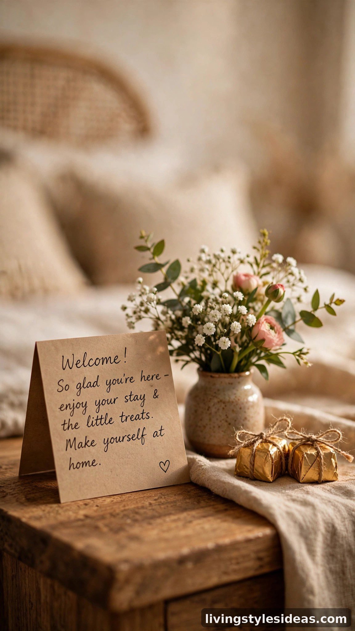 Handwritten welcome note card with fresh flowers on an Airbnb nightstand