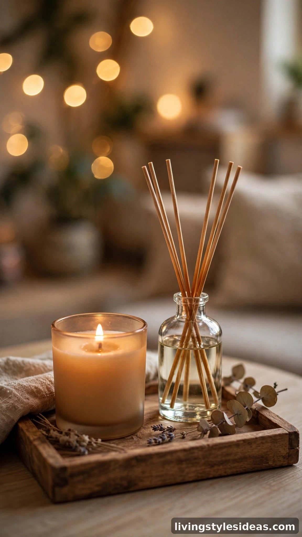 Luxury scented candle and reed diffuser on a tray in a cozy Airbnb studio