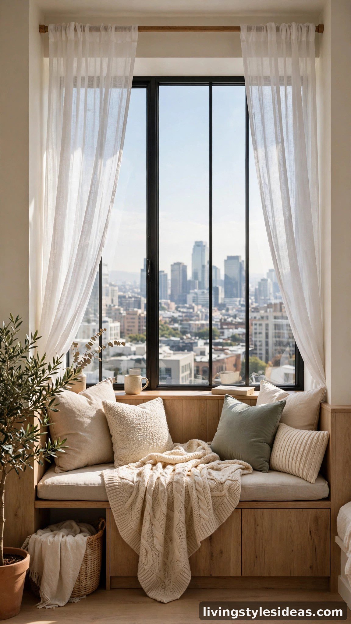 Styled window with sheer curtains and window seat cushions in a studio Airbnb
