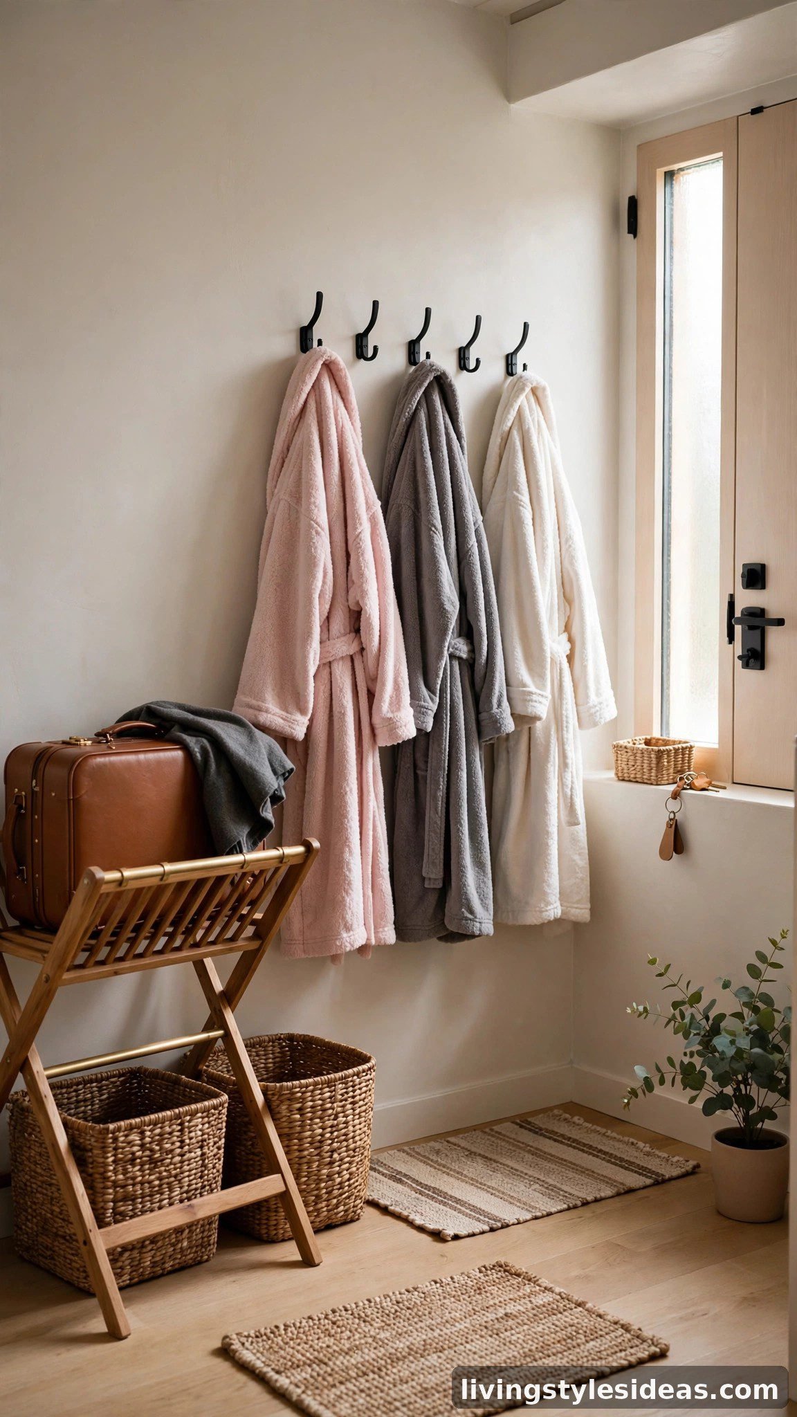 Entryway with wooden luggage rack and wall hooks in a studio Airbnb