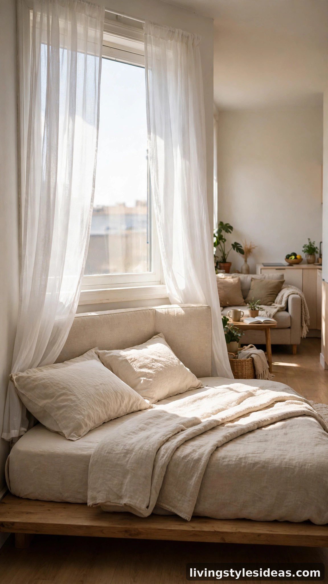 Studio apartment layout with a low bed placed directly under the single window with sheer curtains