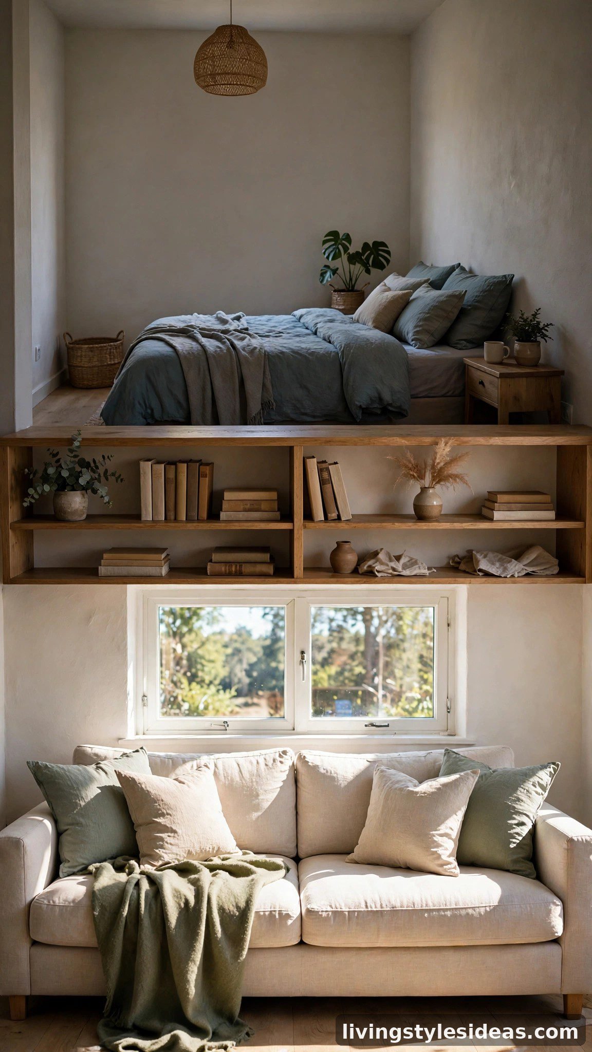 One-window studio layout with the bed opposite the window and a sofa in the daylight zone