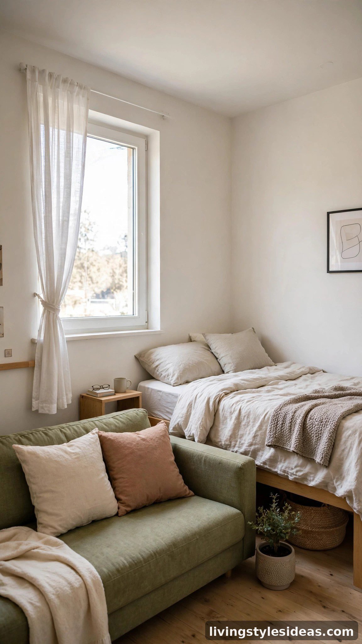 L-shaped studio apartment layout with bed and sofa at right angles sharing one window