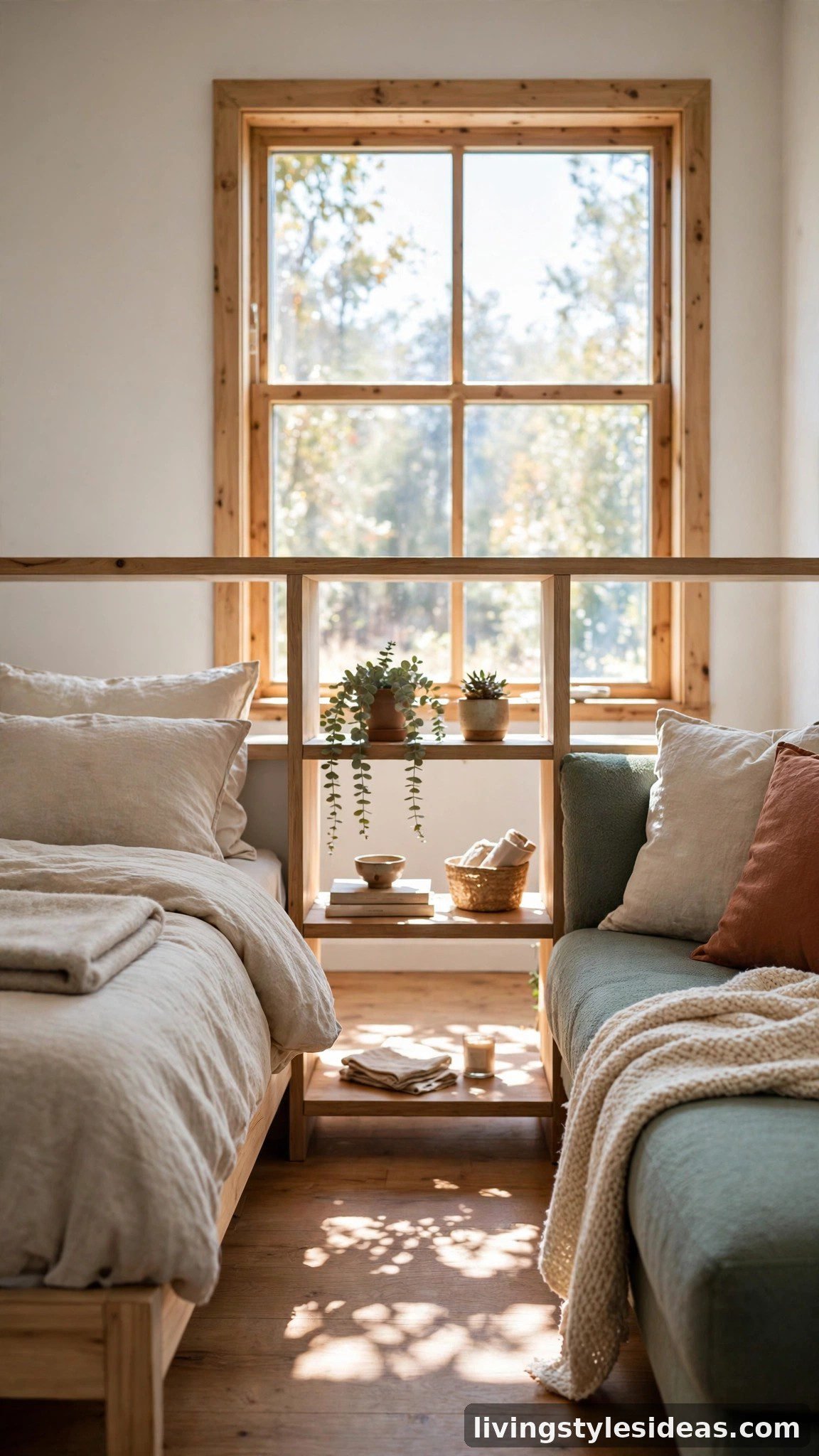 Studio apartment with an open shelf divider in the middle letting light pass between zones