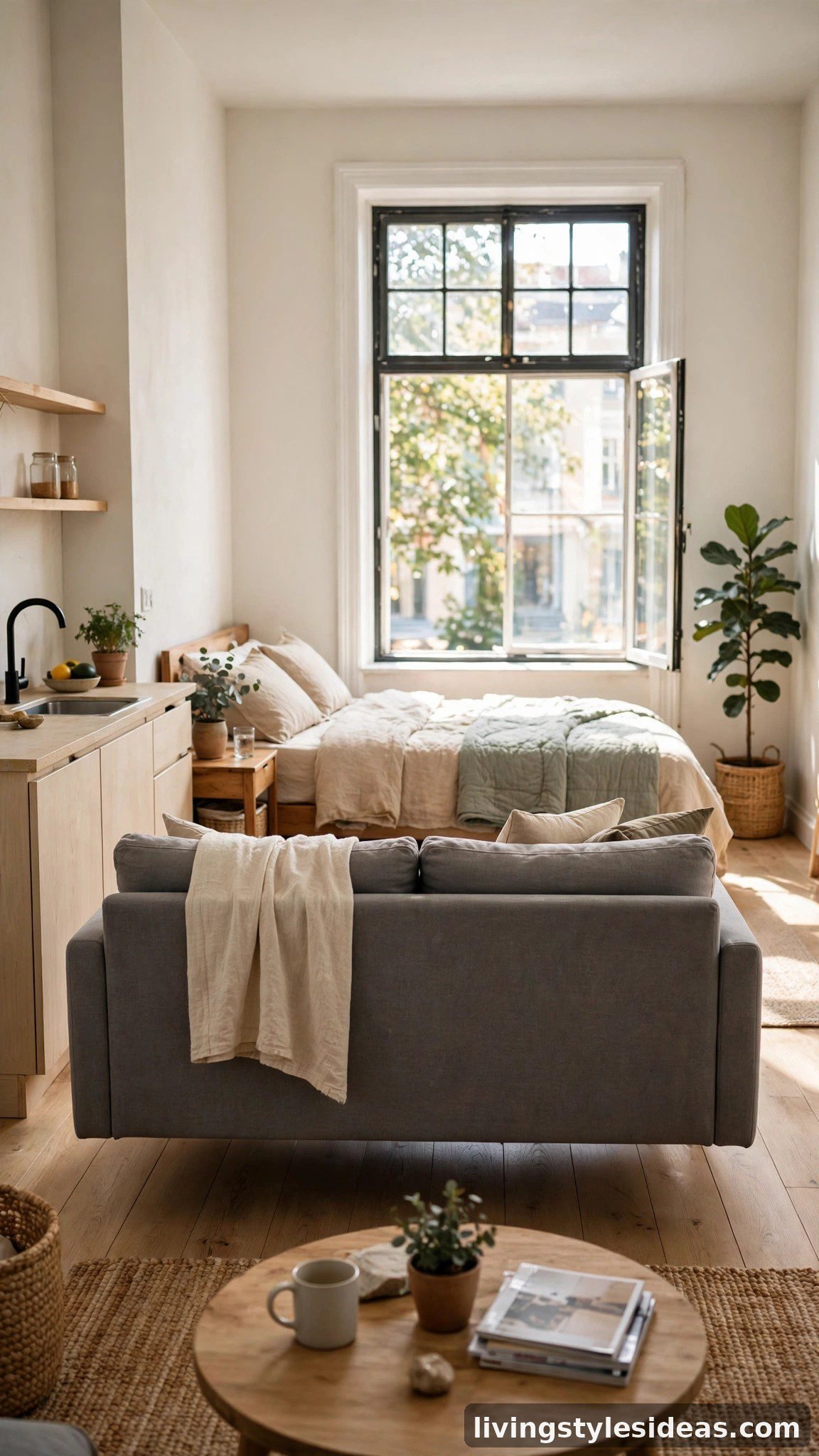 One-window studio layout using the back of a floated sofa as a divider between living and bed