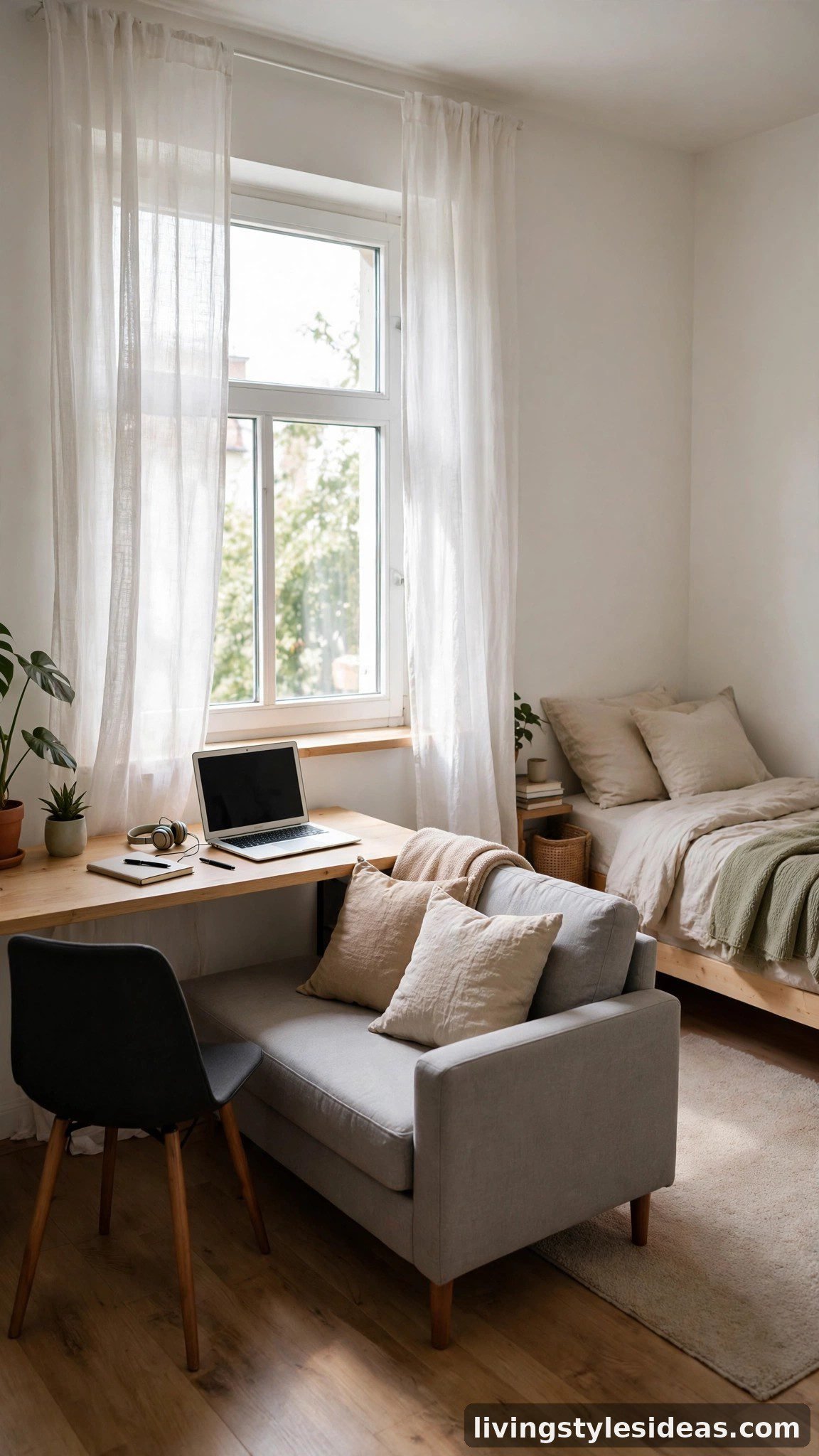 Studio apartment with a slim work desk under the single window and the bed in the far corner