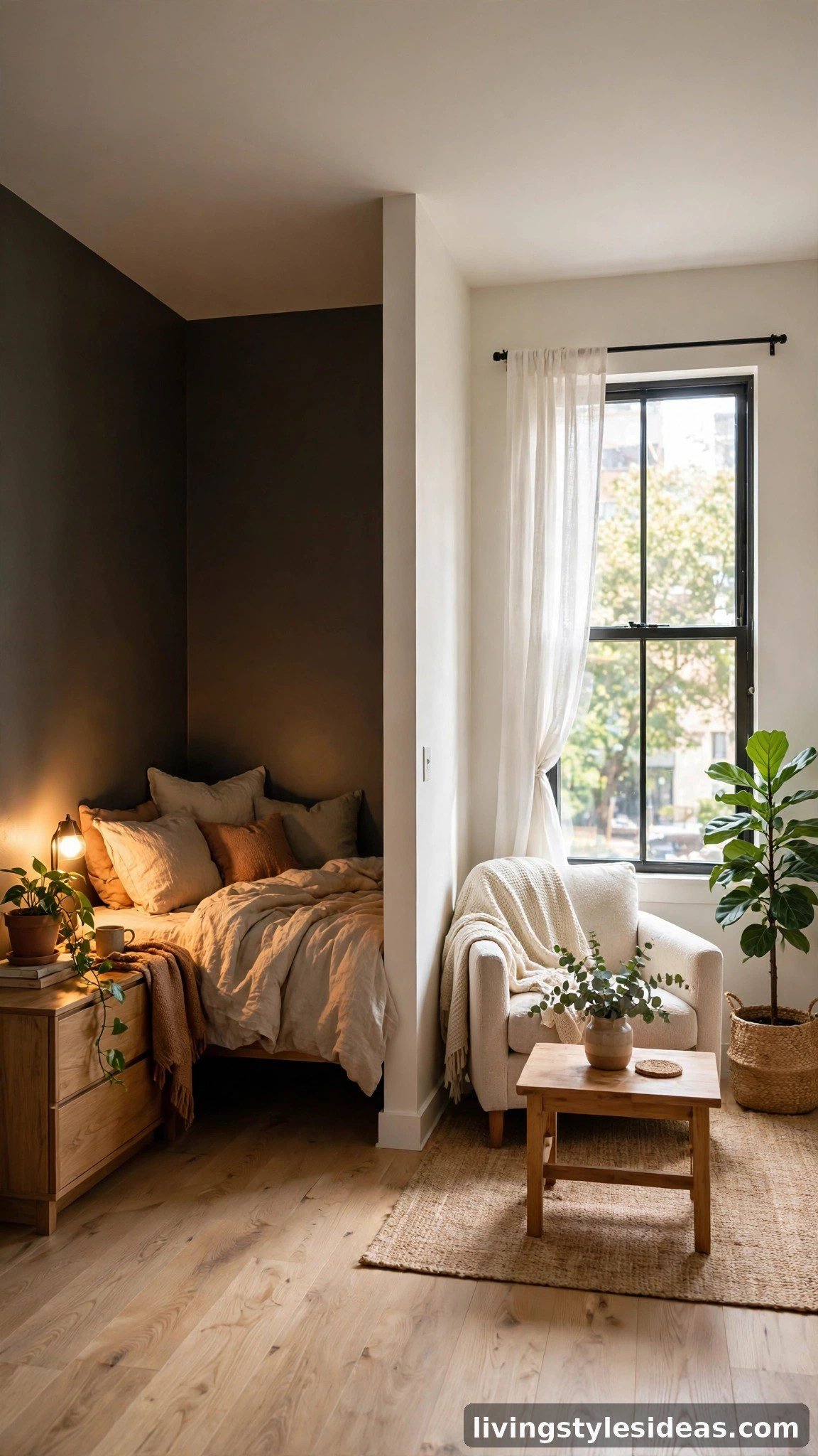 Cozy sleep nook tucked into the darkest corner of a one-window studio apartment