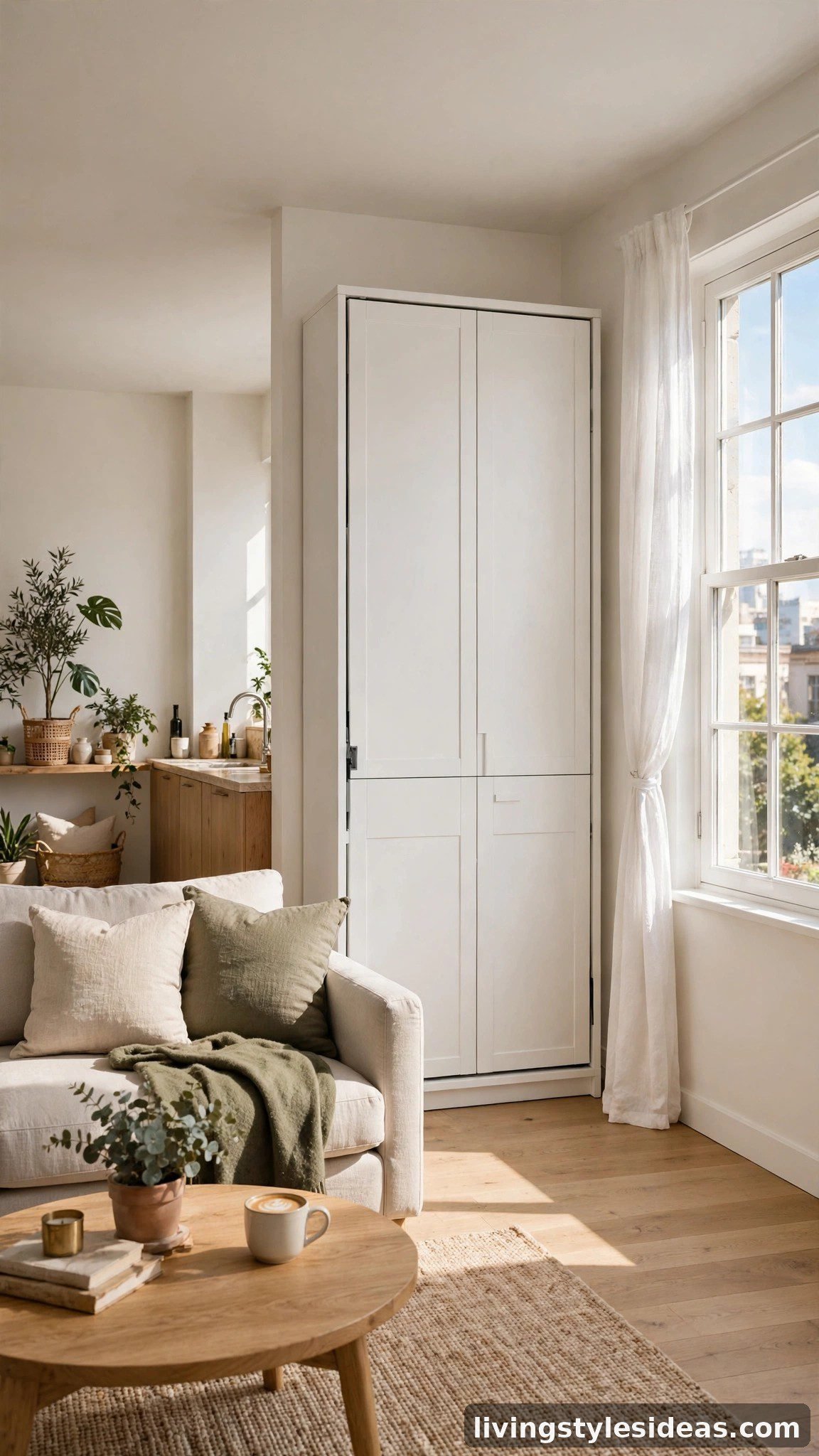Studio apartment with a murphy bed folded away so the living room gets all the window light