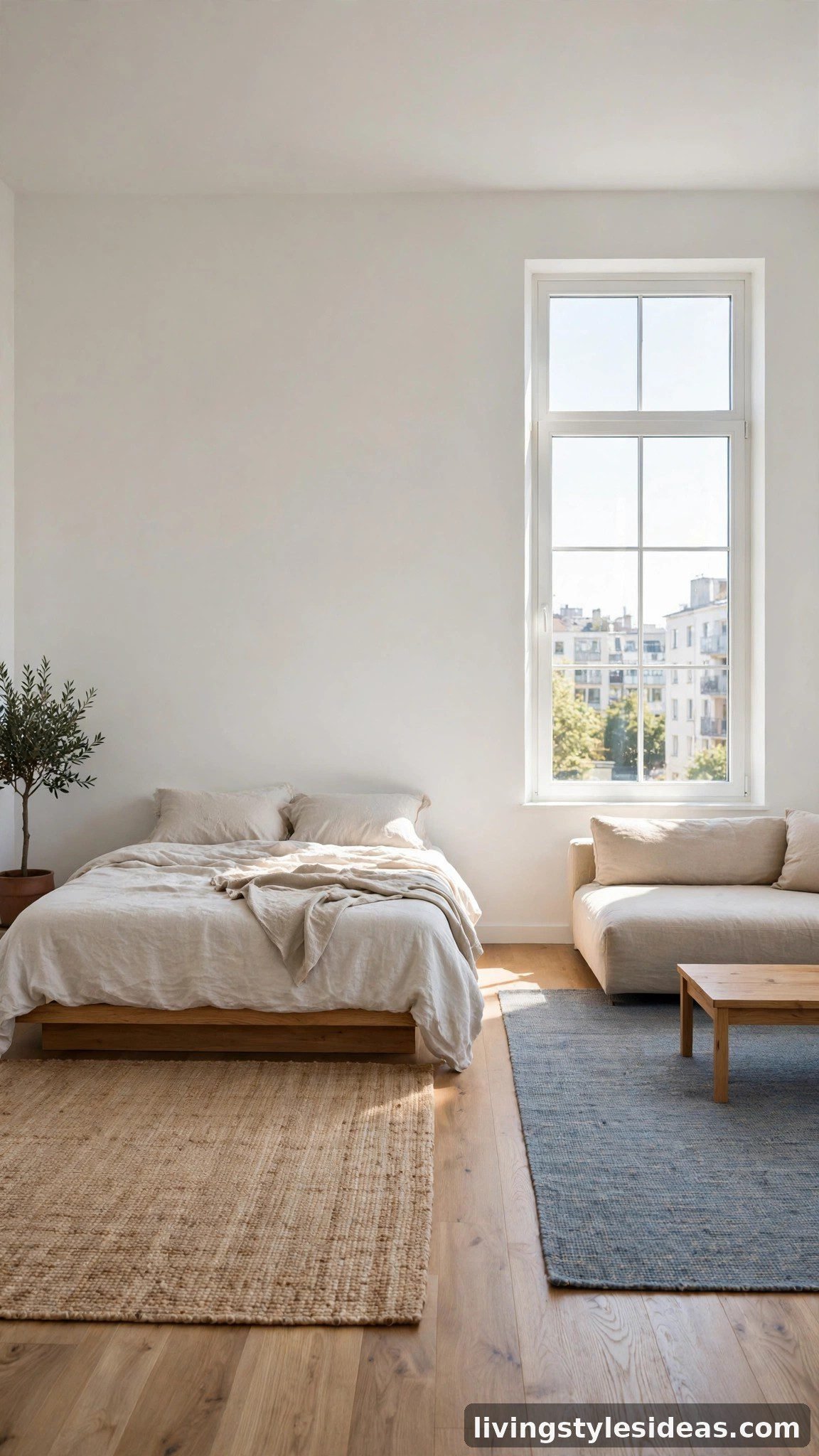 Open-plan one-window studio zoned with two rugs and low furniture, no divider blocking light