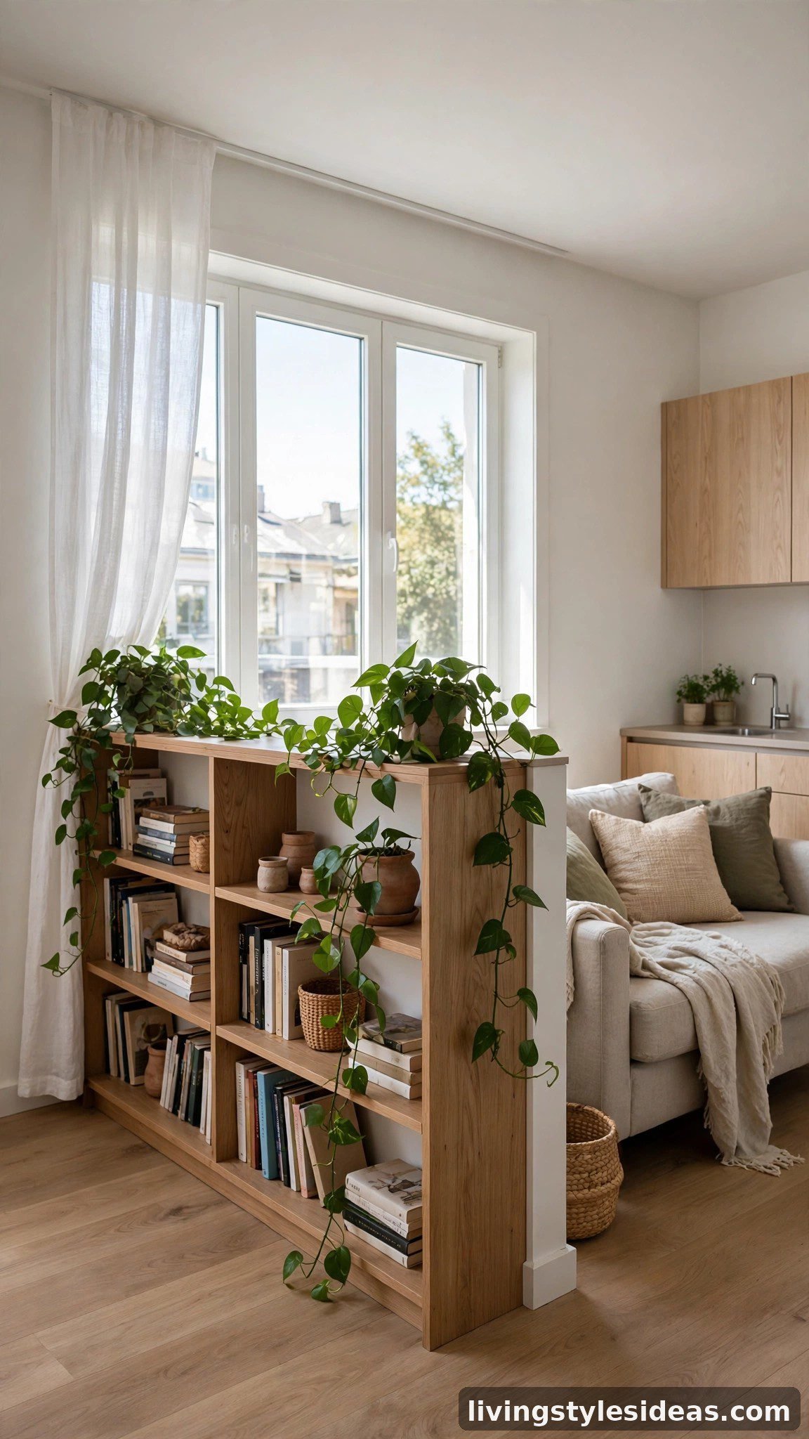 Low bookshelf partition wall dividing a one-window studio without blocking daylight