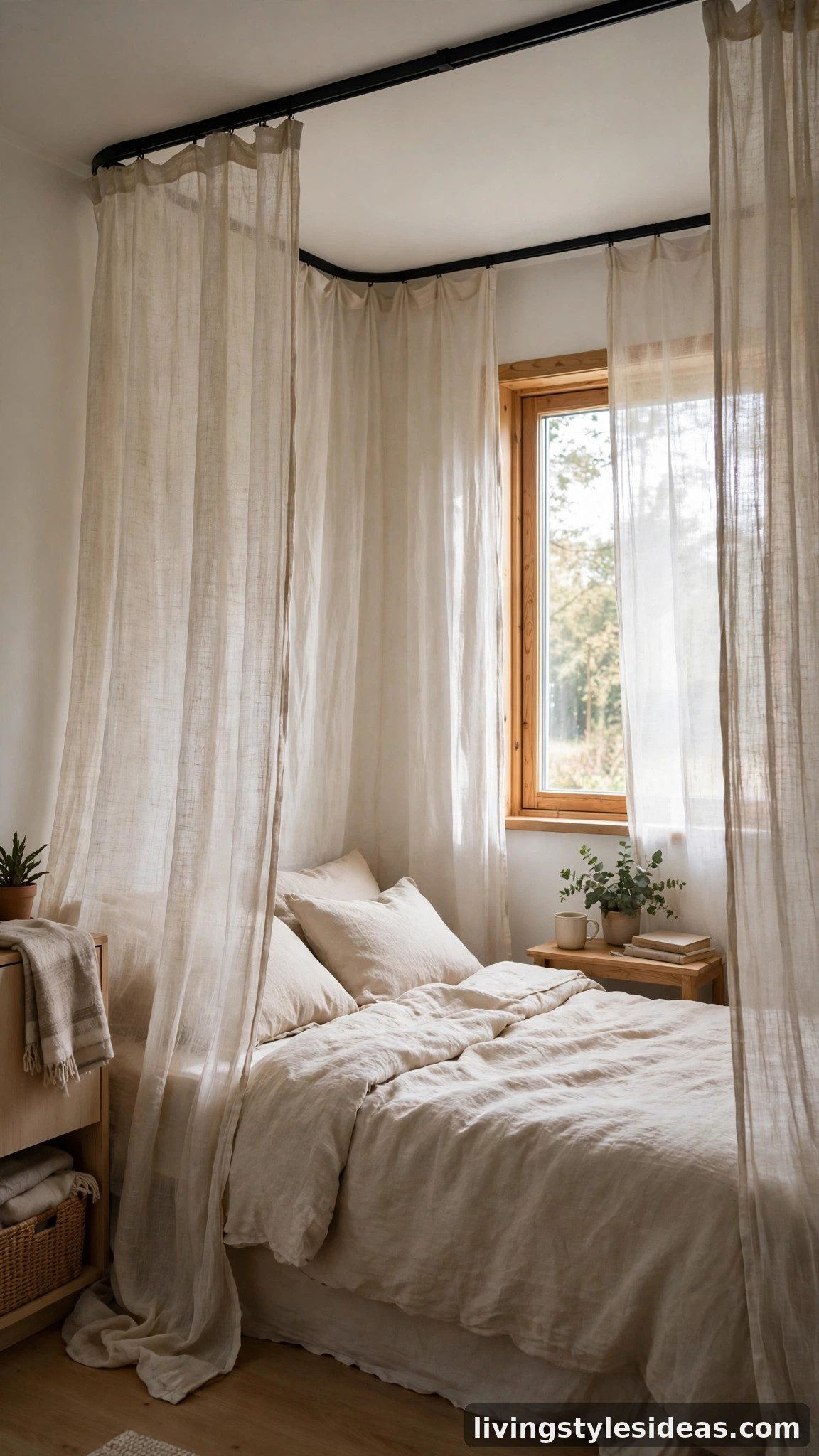 Sheer curtain sleep cocoon around the bed in a bright one-window studio apartment