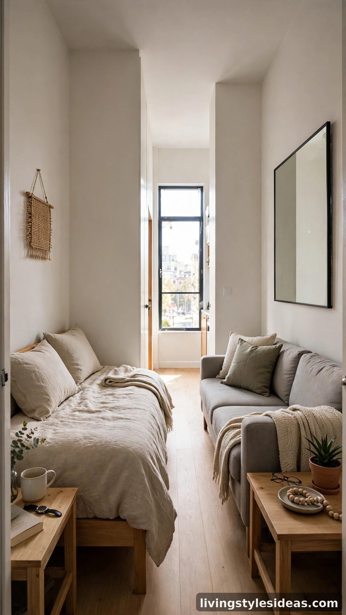 Long narrow studio with bed and sofa along parallel walls and a clear light path to the window