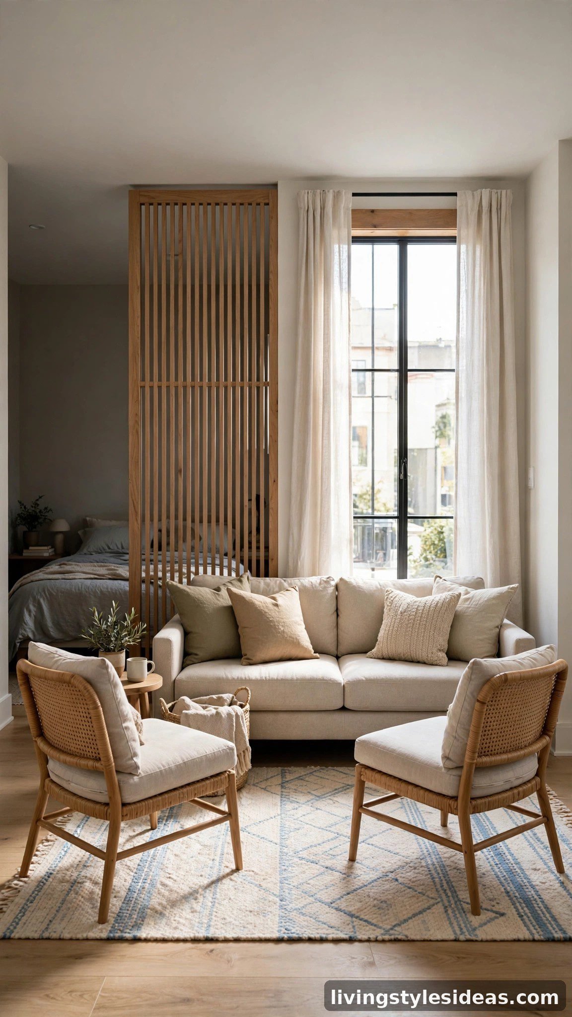 One-window studio giving the window end to the living room with sofa and chairs in the light