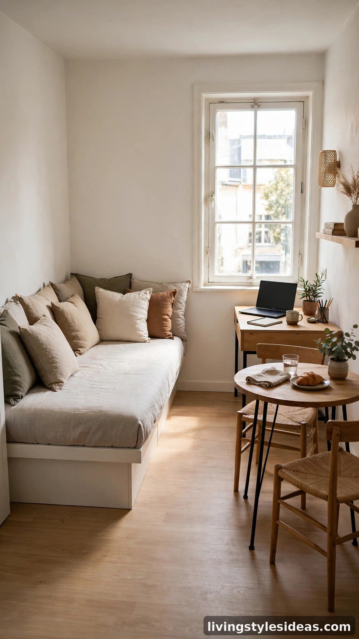 Corner daybed layout maximizing open floor space in a small one-window studio apartment
