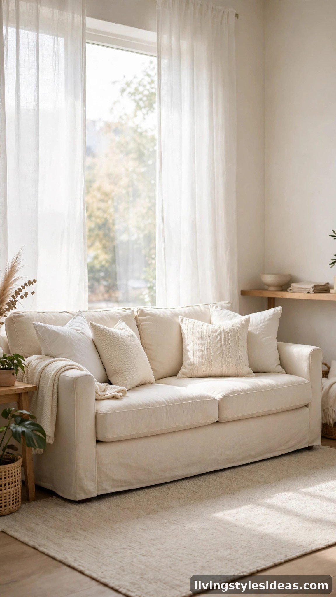 Cream sofa with white cushions in a bright airy studio apartment