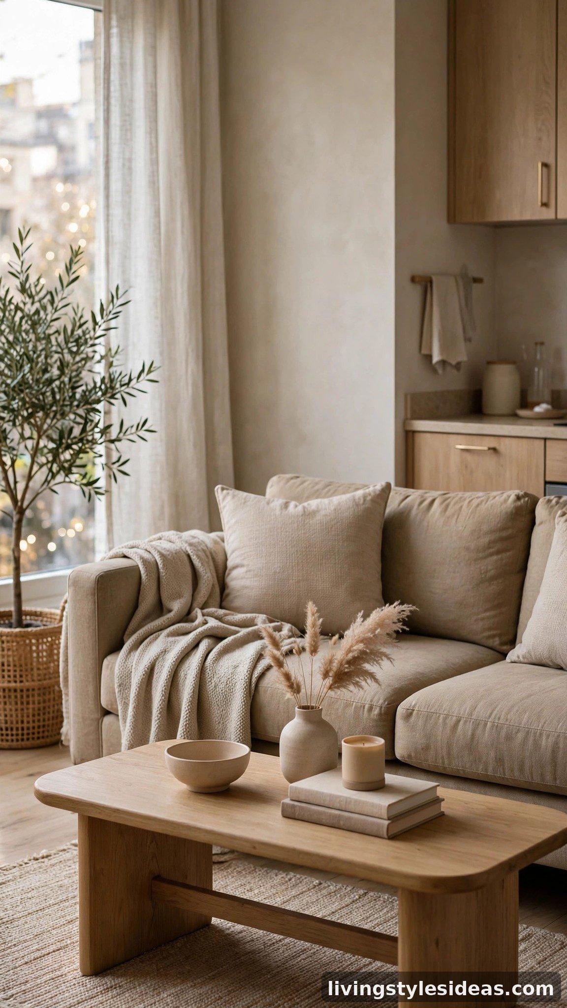 Beige greige fabric sofa with oatmeal throw in a cozy studio