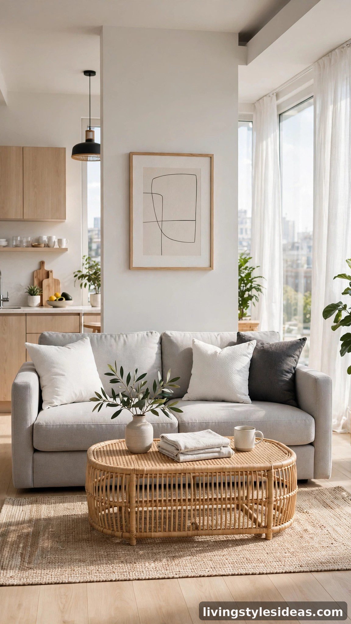 Light gray modern sofa with charcoal cushions in a studio apartment