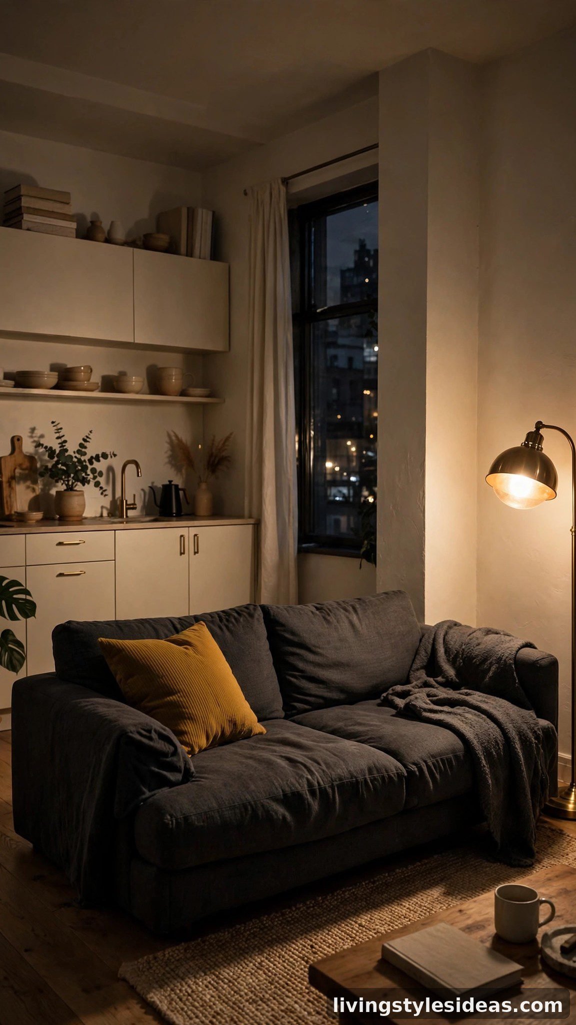 Charcoal dark gray sofa anchoring a studio apartment living area