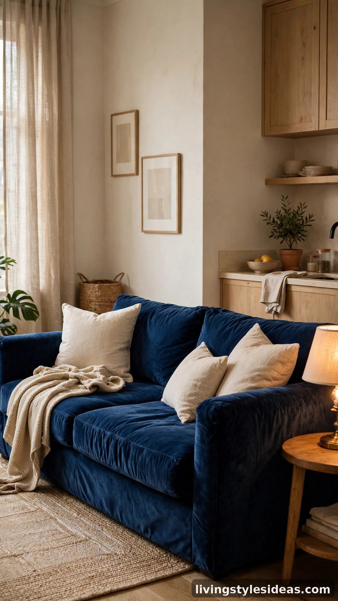 Navy blue velvet sofa with cream cushions in an elegant studio