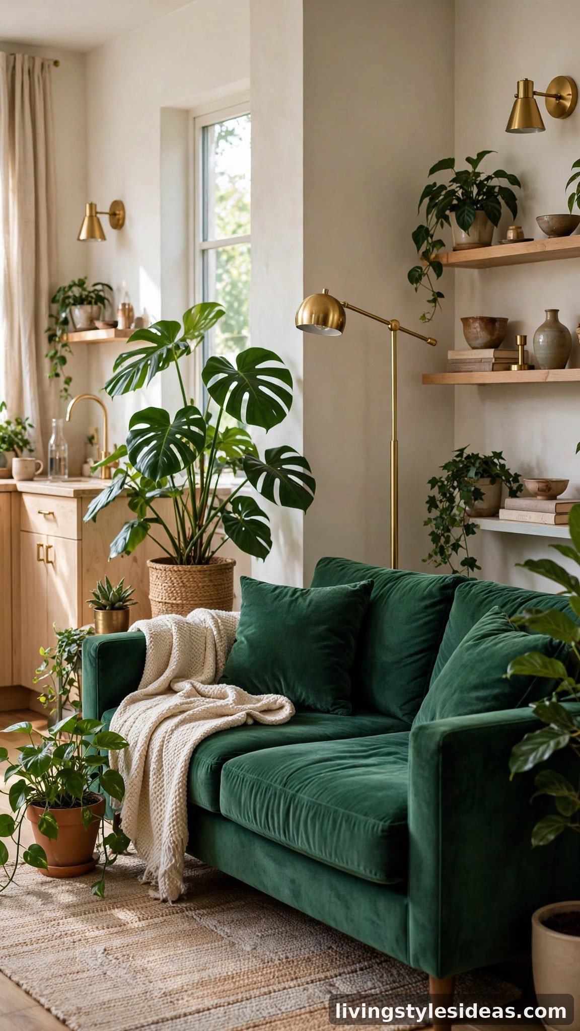 Emerald green sofa with houseplants in a lush studio apartment
