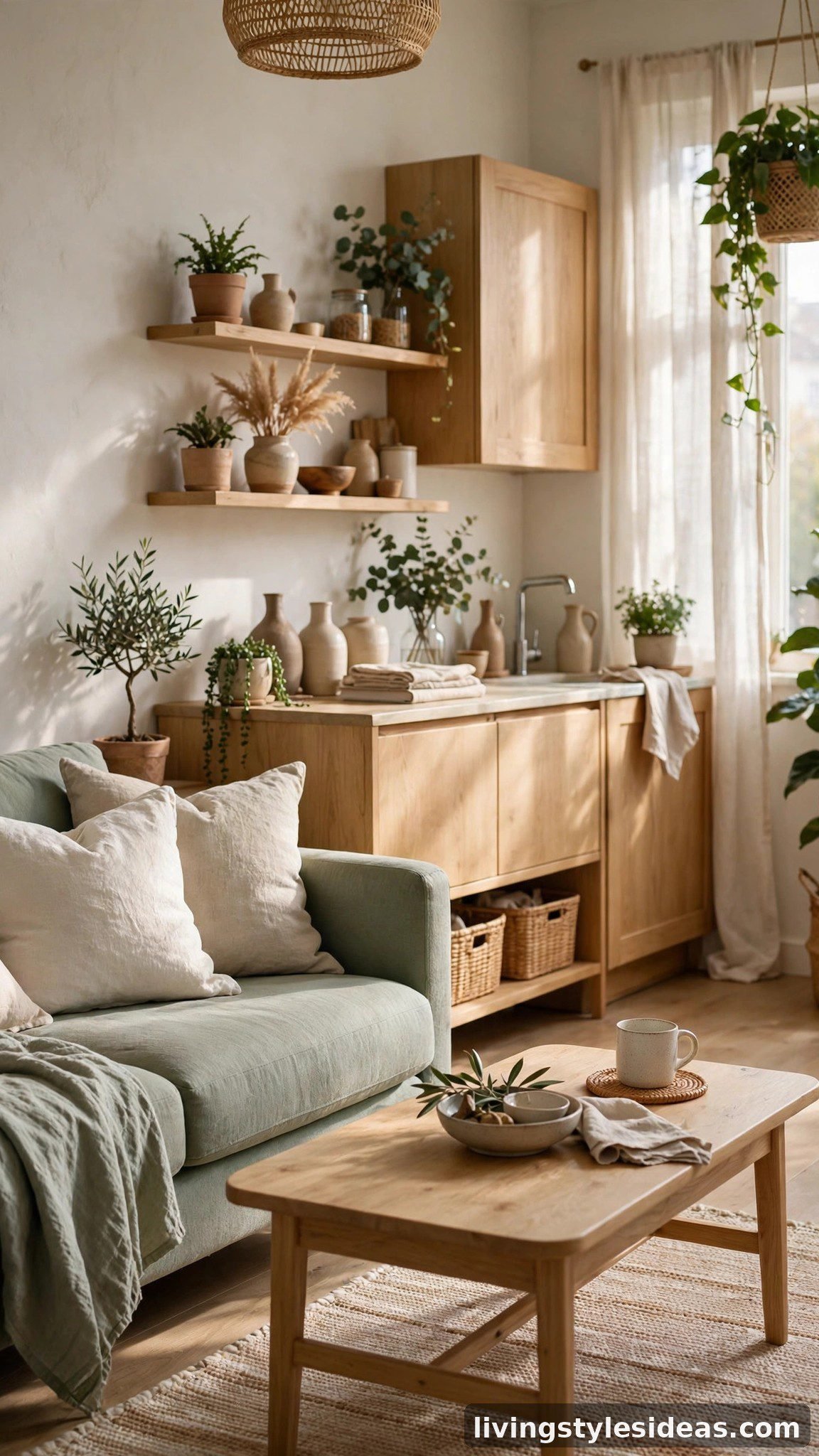 Soft sage green sofa in a calm light-filled studio apartment