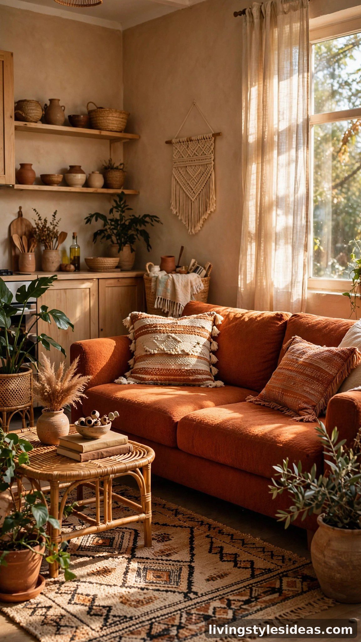 Terracotta burnt-orange sofa with woven rug in a warm studio