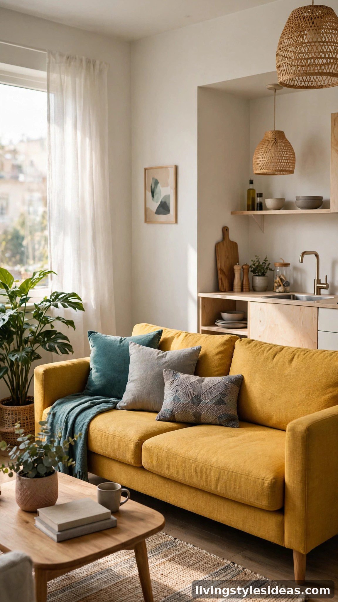 Mustard yellow sofa with teal cushions in a cheerful studio apartment