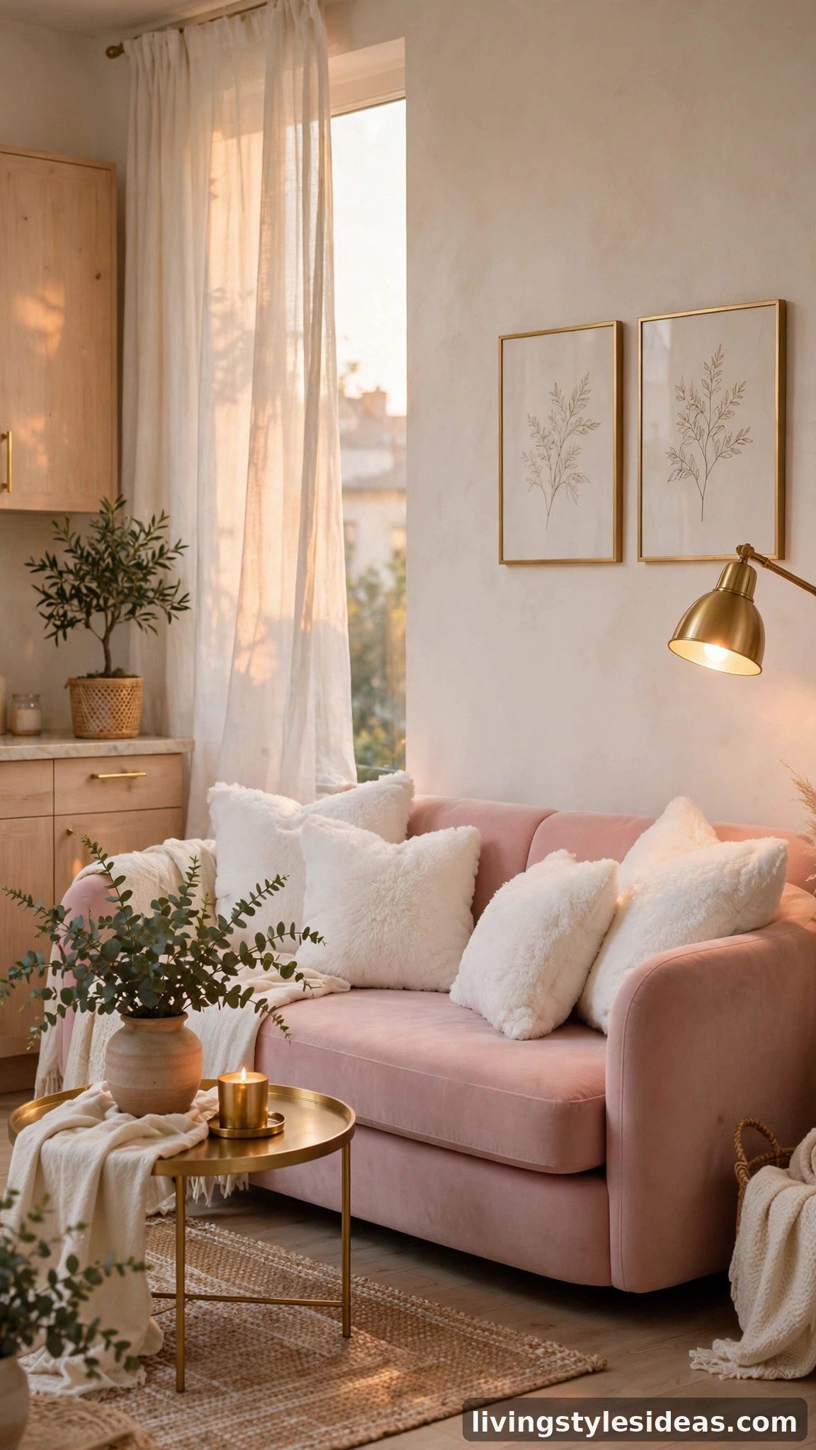 Blush pink sofa with gold accents in a soft romantic studio