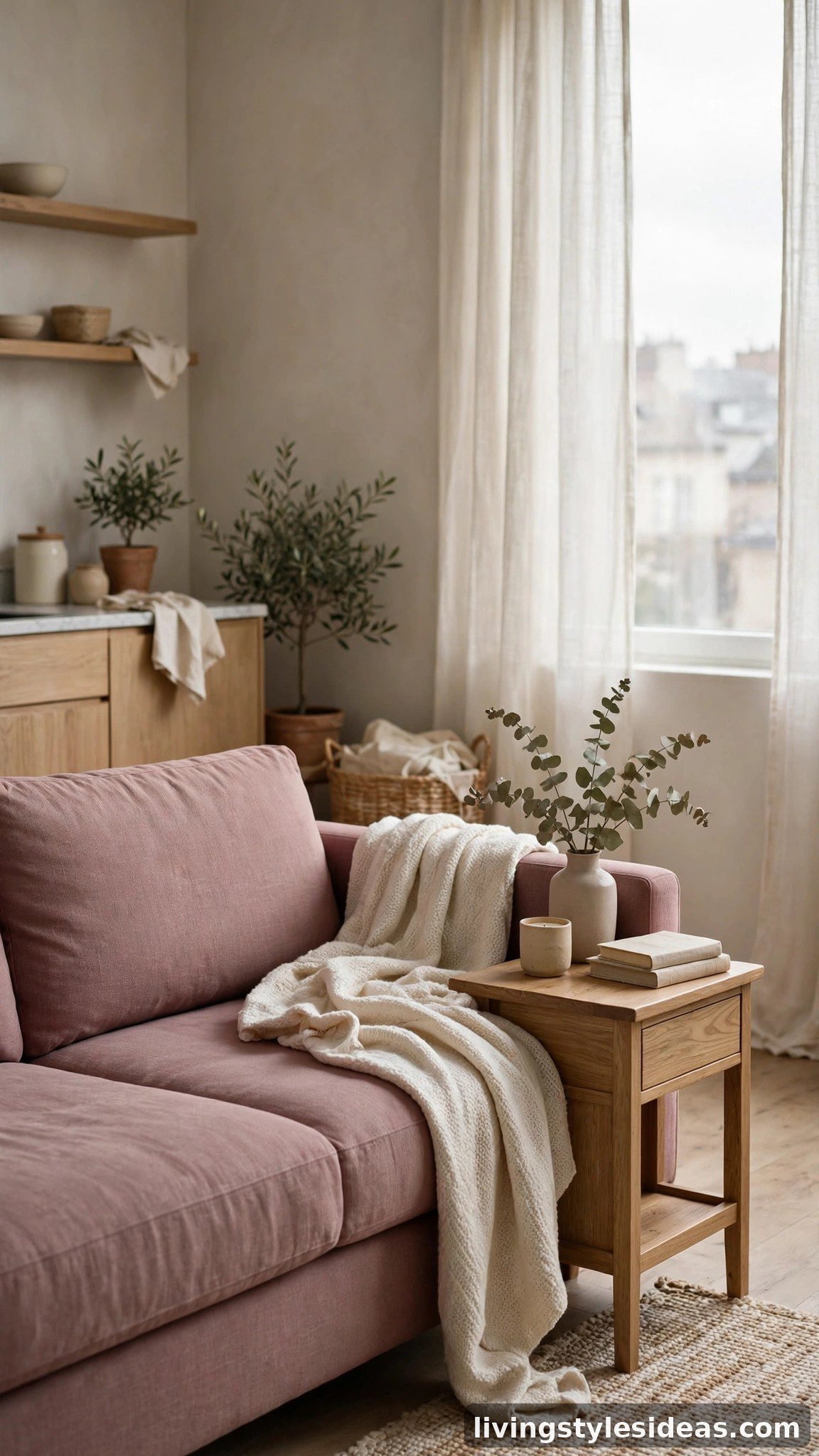 Dusty rose mauve sofa with wooden side table in a studio