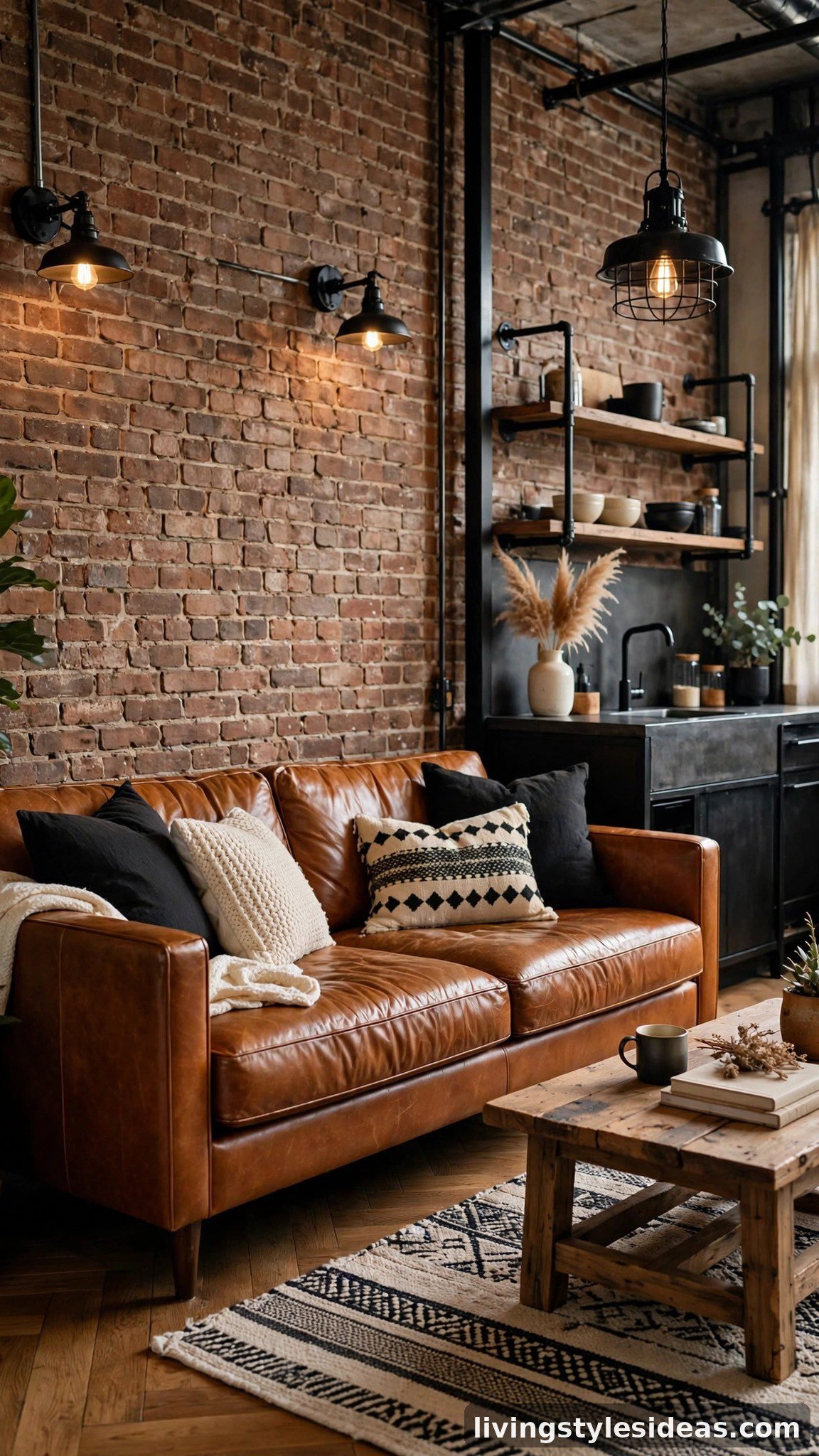 Cognac caramel leather sofa against exposed brick in a studio